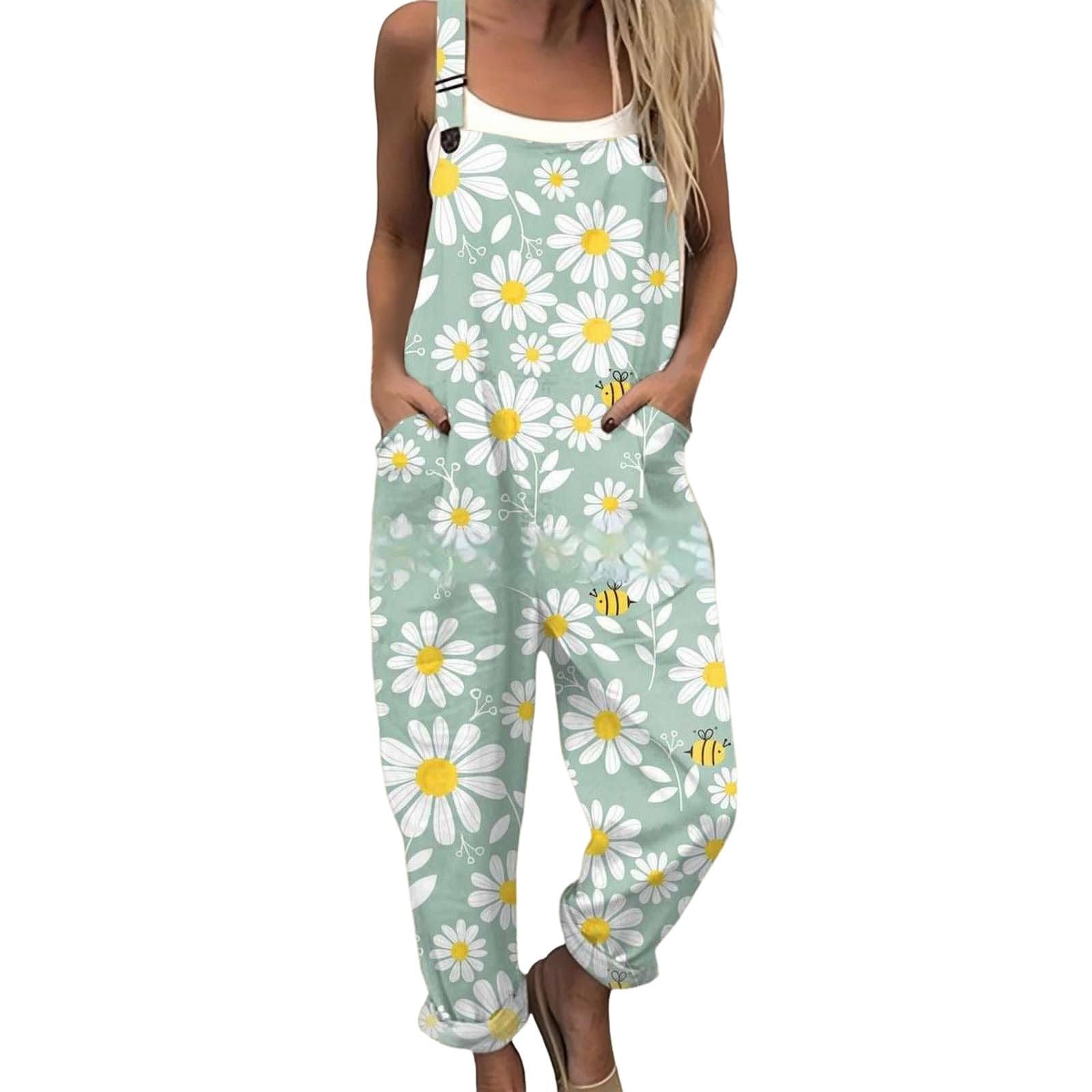 Generico Salopette Donna Estiva Lunga Elegante Tuta Jumpsuit Intera Curvy Casual Moda Stampa Jumpsuits Comoda Larga Pantaloni Da Lavoro Con Tasca Leggera Baggy Salopettes Casa, Playsuit Spiaggia