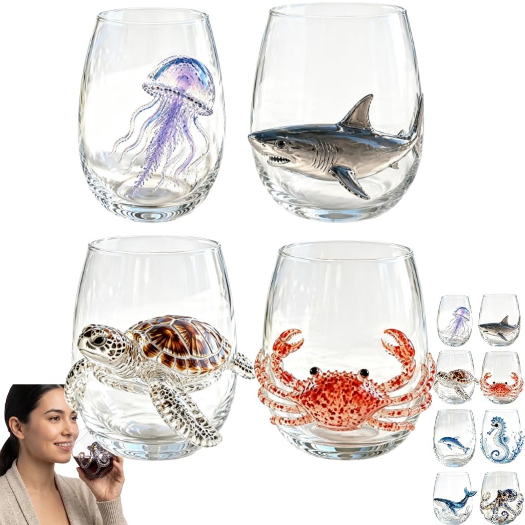 Artisanal Blue Ringed Octopus Glassware,3D Ocean Glass Wine Glass,Set1
