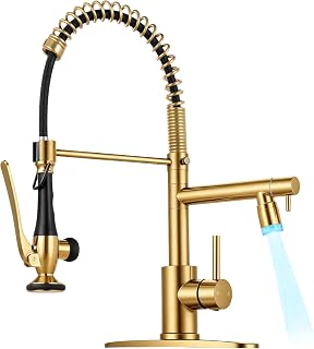 Grifo de cocina LED con rociador extraíble, grifos de cocina comercial de un solo mango dorado cepillado, 2 boquillas, resorte de acero inoxidable, grifo de fregadero de cocina extraíble de 1