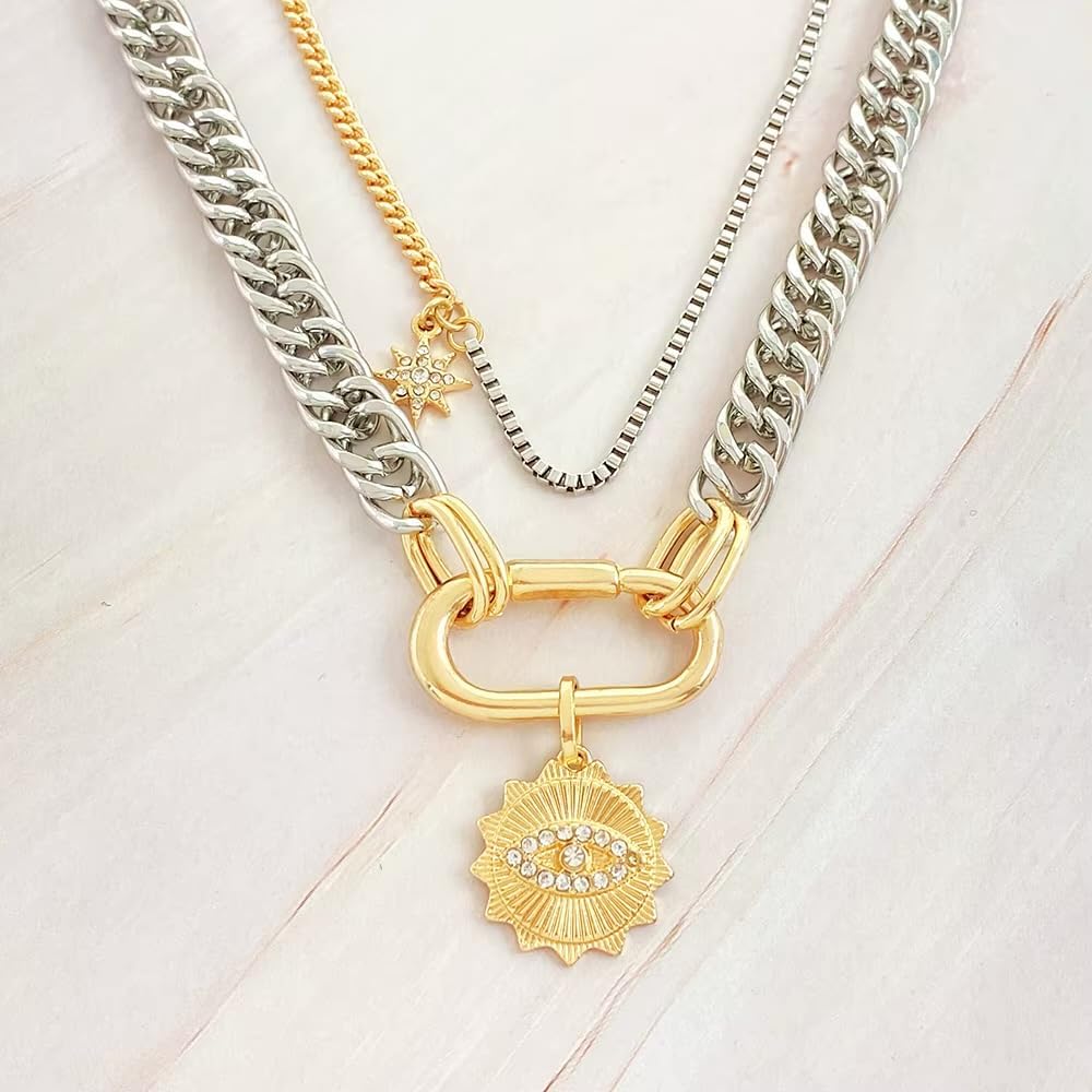 Whispering Meadows Evil Eye Sun Necklace for Women – 18K Gold Plated Two-Tone Layered Pendant, Adjustable 18” + 2” Chain, Hypoallergenic Gift