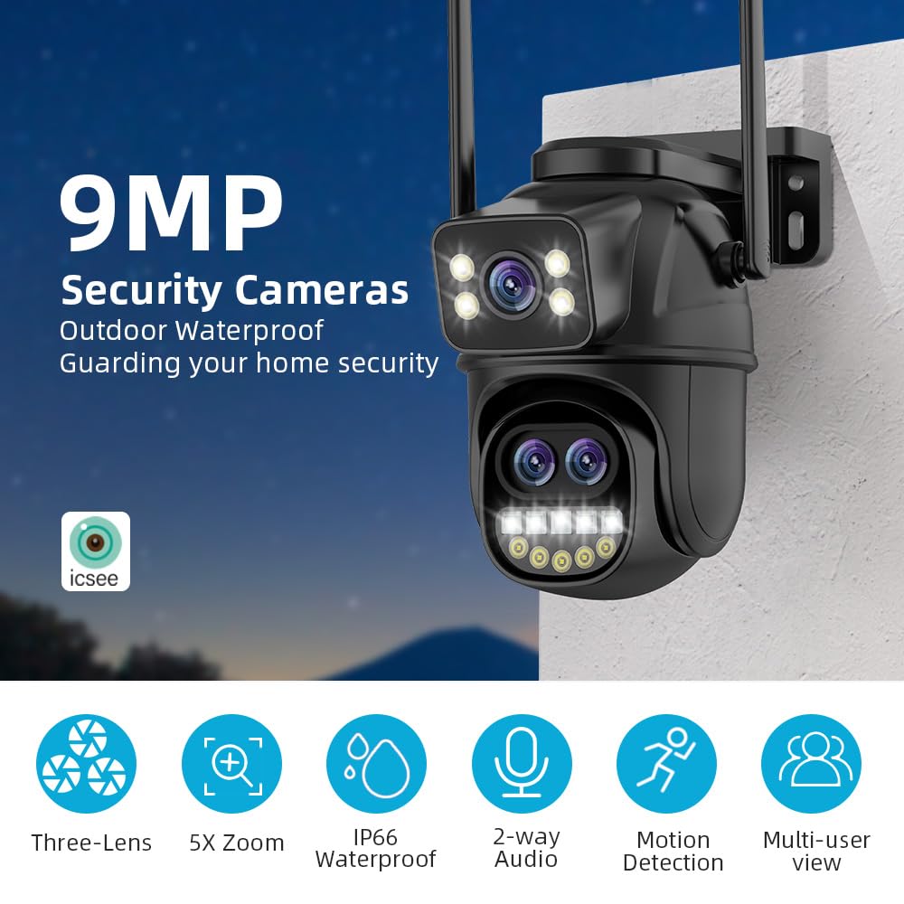 Zewnętrzna kamera monitorująca WiFi, 9MP zewnętrzna kamera monitorująca trzy obiektywy 8X zoom hybrydowa kamera IP PTZ trzy ekrany Night Vision Dwukierunkowe wykrywanie człowieka IP66 + karta