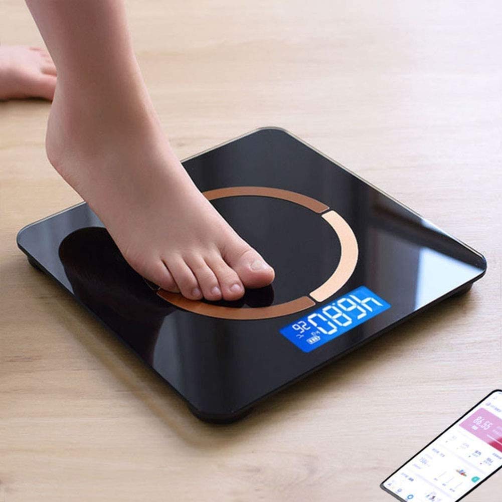 Escala de Grasa Corporal Bluetooth Digital, báscula de baño con BMI, Escala de Peso con Escala de Grasa Corporal con sensores de precisión de Alto, Vidrio Templado Resistente a la Rotura y App