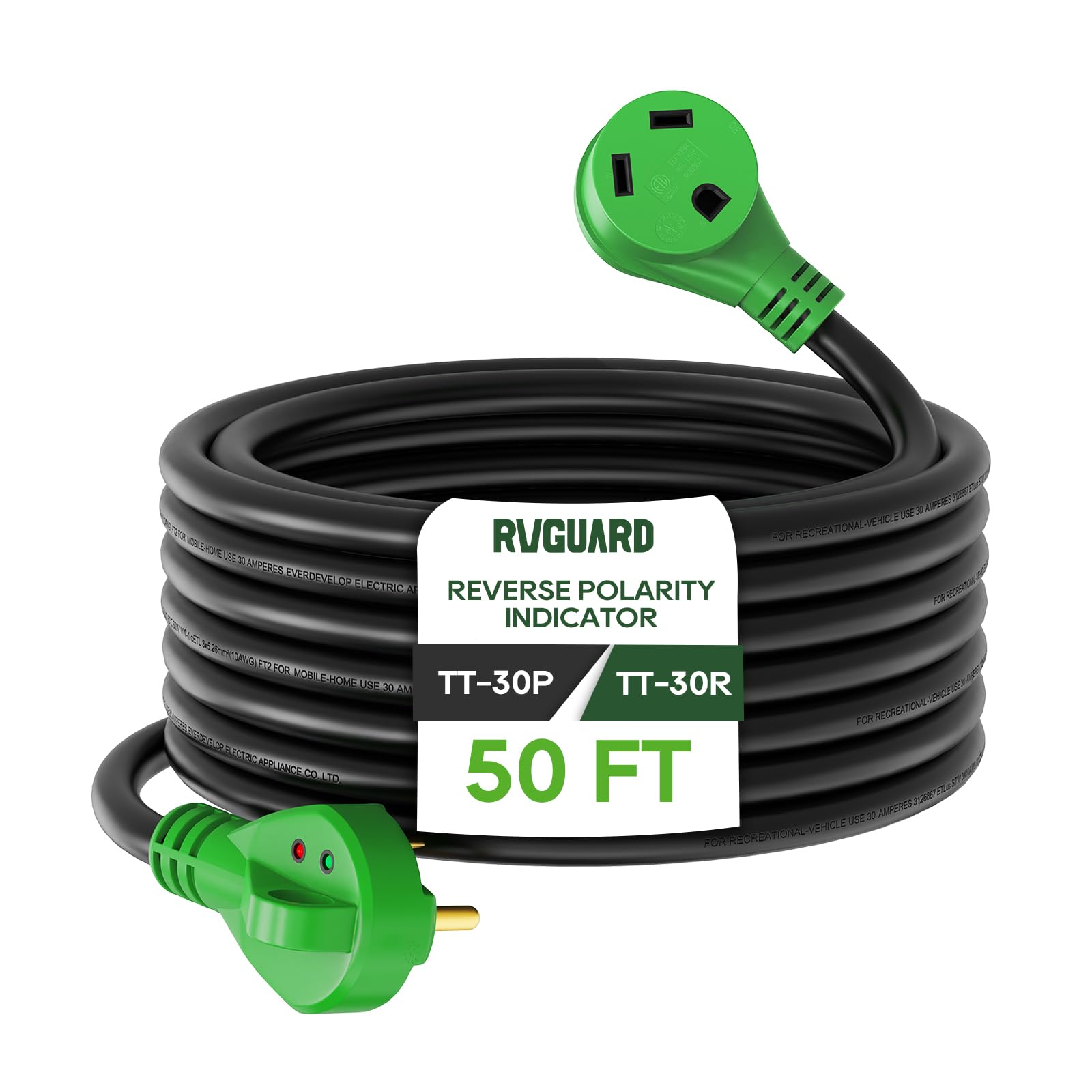 Photo 1 of RVGUARD 30 Amp 50 Foot RV Extension Cord with Reverse Polarity Indicator, Heavy Duty 10/3 Gauge STW Cord with Cord Organizer, TT-30P/R Standard Plug, Green, ETL Listed