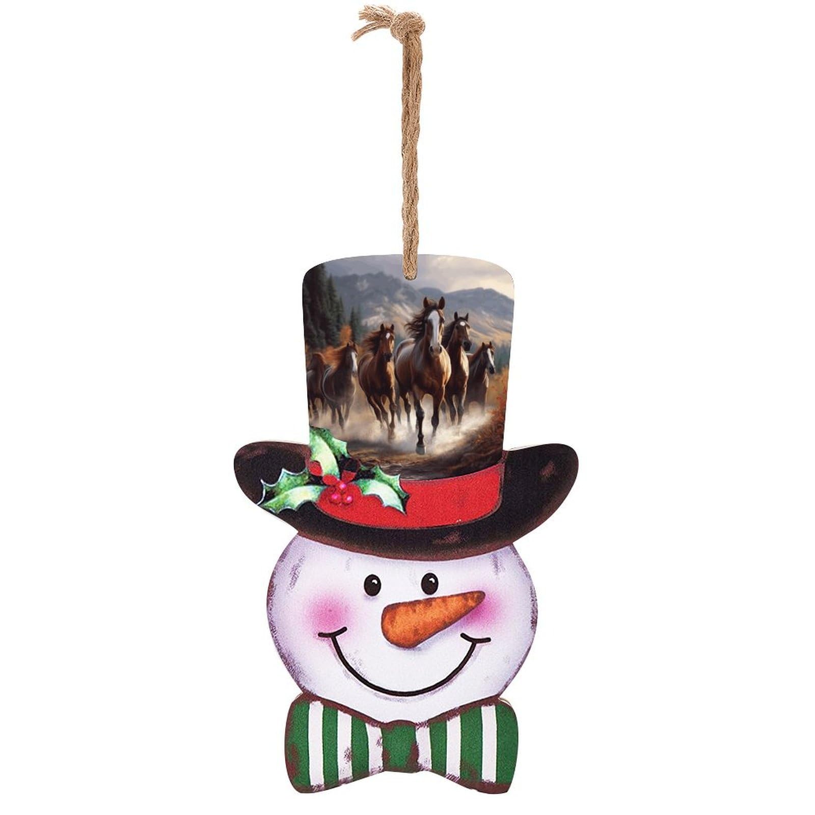 Panneau de Noël en bois suspendu avec motif bonhomme de neige et chevaux de fête