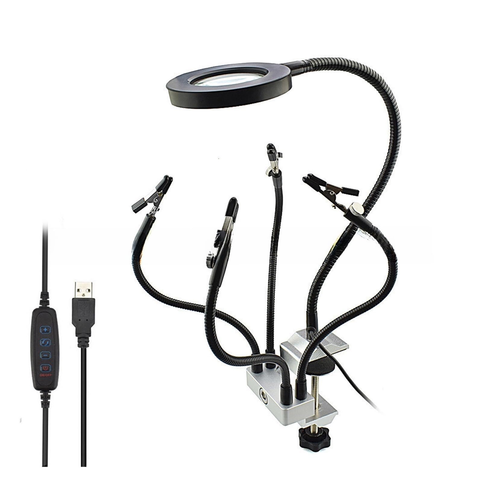Pomoc do lutowania z trzeciej ręki， Narzędzie lutownicze z diodą LED i 3-krotną lupą, zasilane przez USB, różne rozmiary(SN5USBSilver)