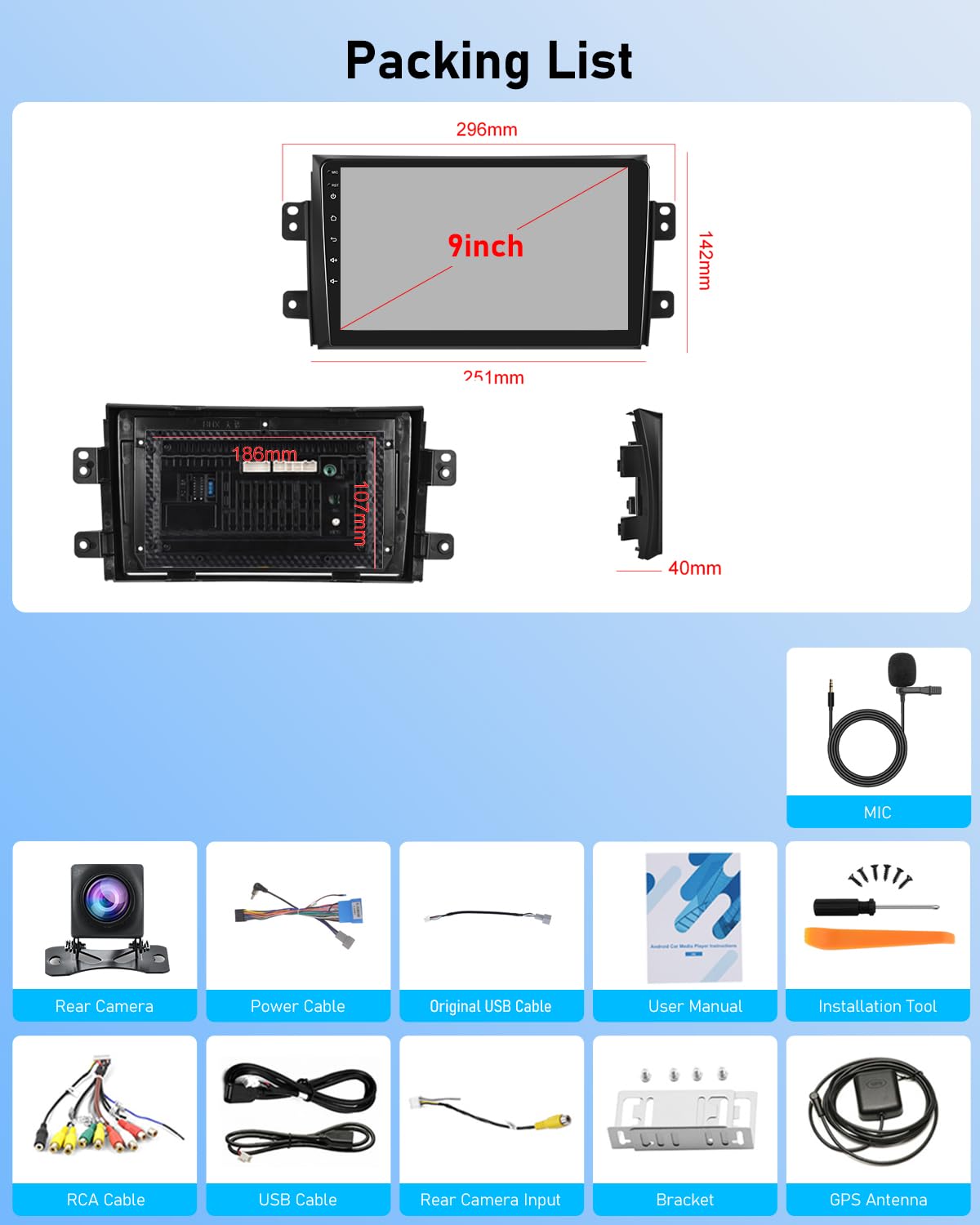 NHOPEEW 2G+64G Android Autoradio per Suzuki SX4 2006-2013 - Senza fili Carplay e Android Auto - 9 pollici Android Stereo con WiFi EQ GPS Mirror Link FM RDS + AHD Telecamera posteriore&Mic