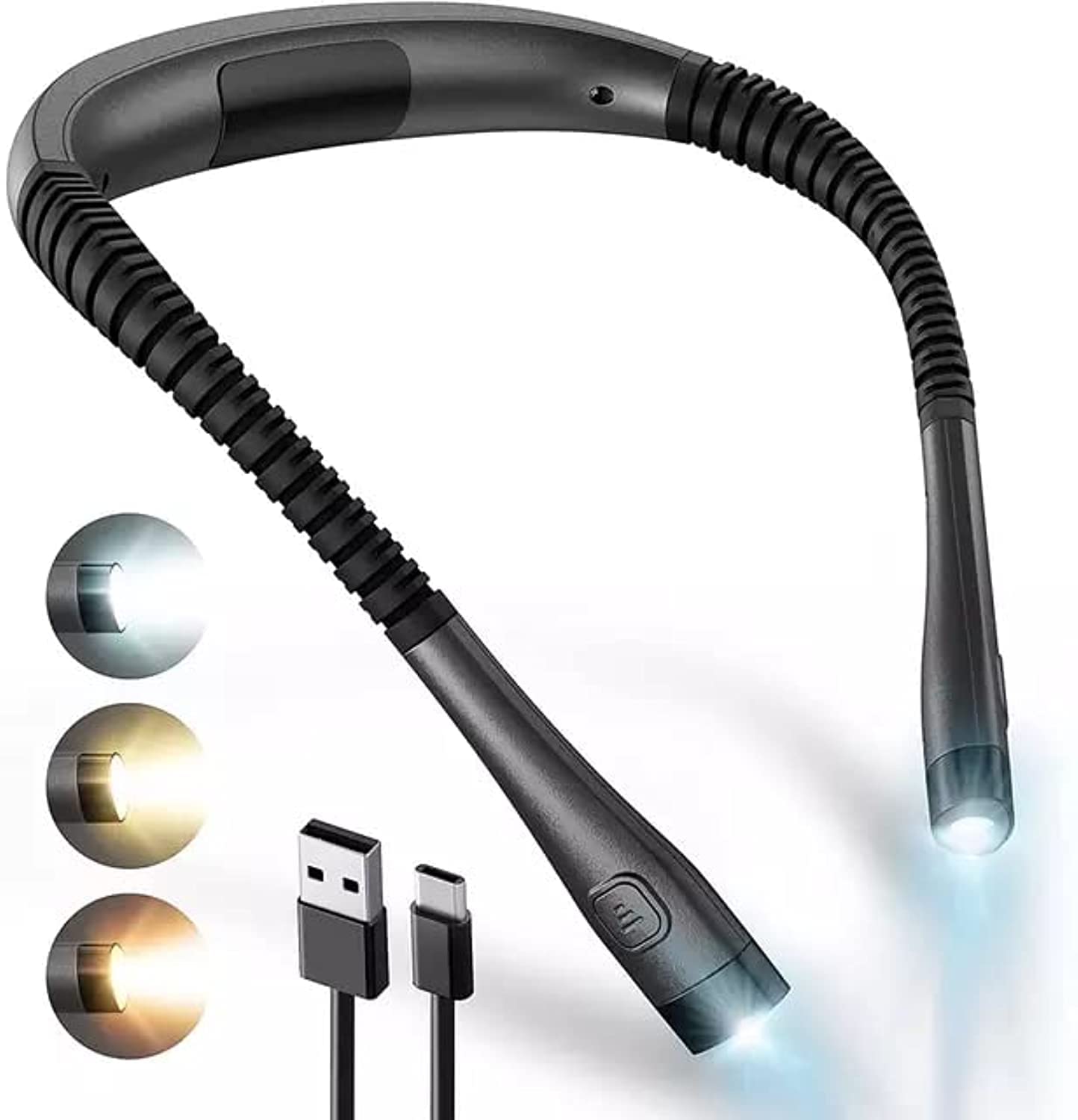 MSA. Round Neck Reading Light for Knitting, Crafting, 3 Colours & 6 Brightness Levels LED Light for Reading in Bed at Night, USB Rechargeable, 1000mAh Battery for 80+ Hours Working.(Black)