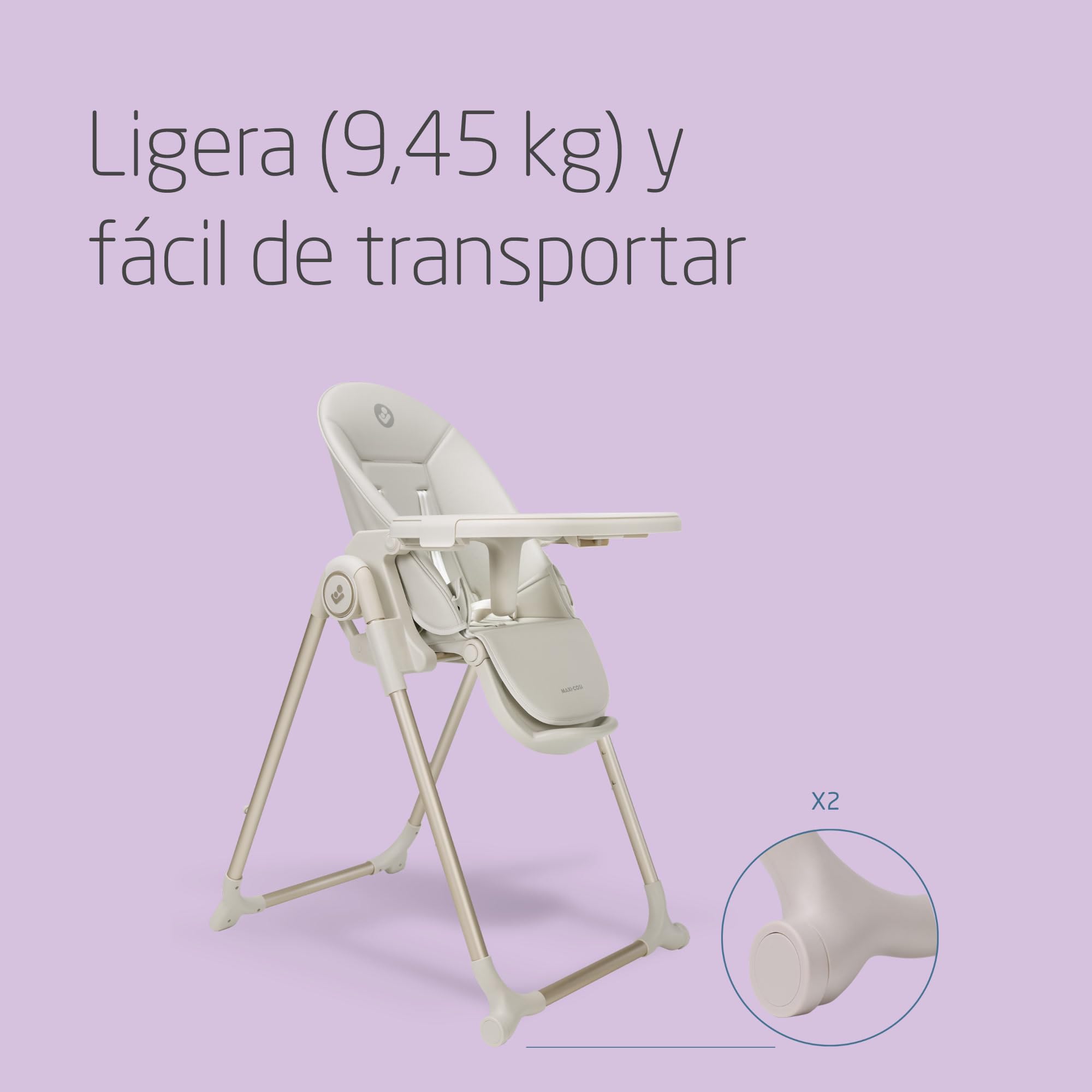 Maxi-Cosi Ava2 Trona de bebé, 0-3 años (máx. 15 kg), Trona bebé plegable y compacta, Ligera (9,45 kg), 5 ajustes de reclinado/6 de altura, Bandeja extraíble con una mano, 2 ruedas, Elegance Beige