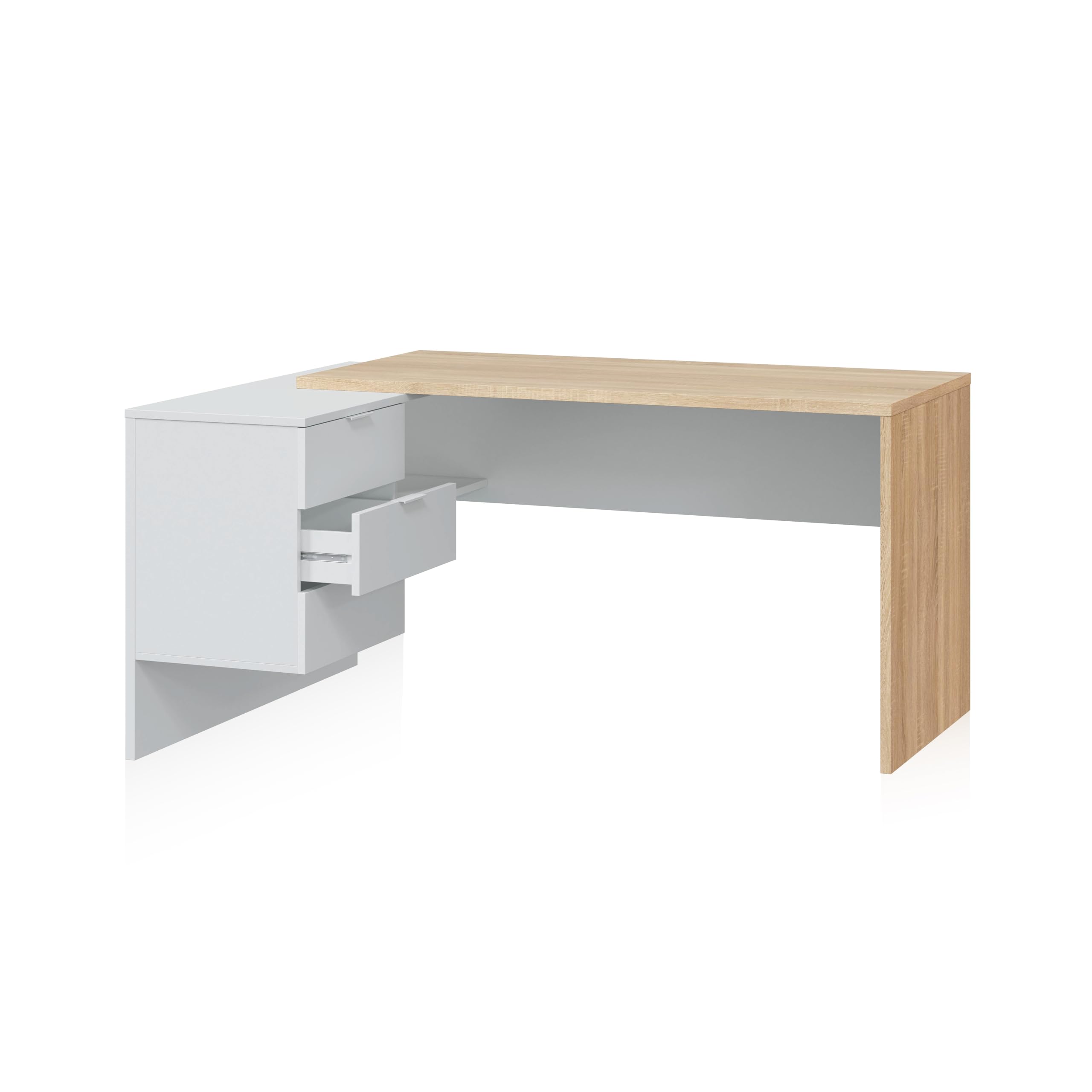 duehome | Escritorio con Cajonera, Mesa de Oficina, Modelo Office Work, Acabado en Blanco Artik y Roble Cananadian, Medidas: 145 cm (Largo) x 102 cm (Fondo) x 73 cm (Alto)
