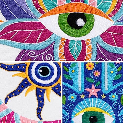 Image of Louise Maelys 3 Set Tarot Evil Eye Embroidery Kits for Beginners,Adults Starter Cross Stitch Kit DIY Needlepoint with Hamsa Hand Sun Moon louts Flower Pattern