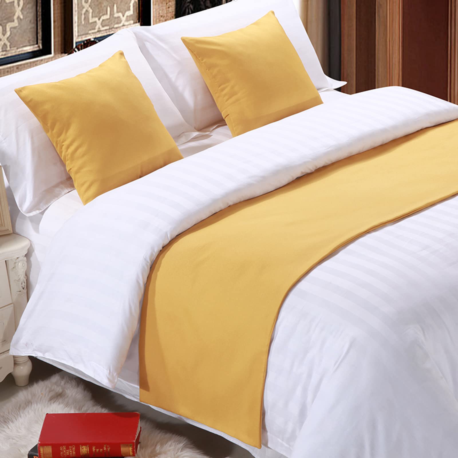 GZQIAWY Bedspread Bed Runner Throw Home Hotel Plain Thick Cotton Linen Solid Color Bedroom Tail Towel Protector Bedding Decor Bed Yellow 50 x 240cm (Bed Scarf)+2 Cushion Covers