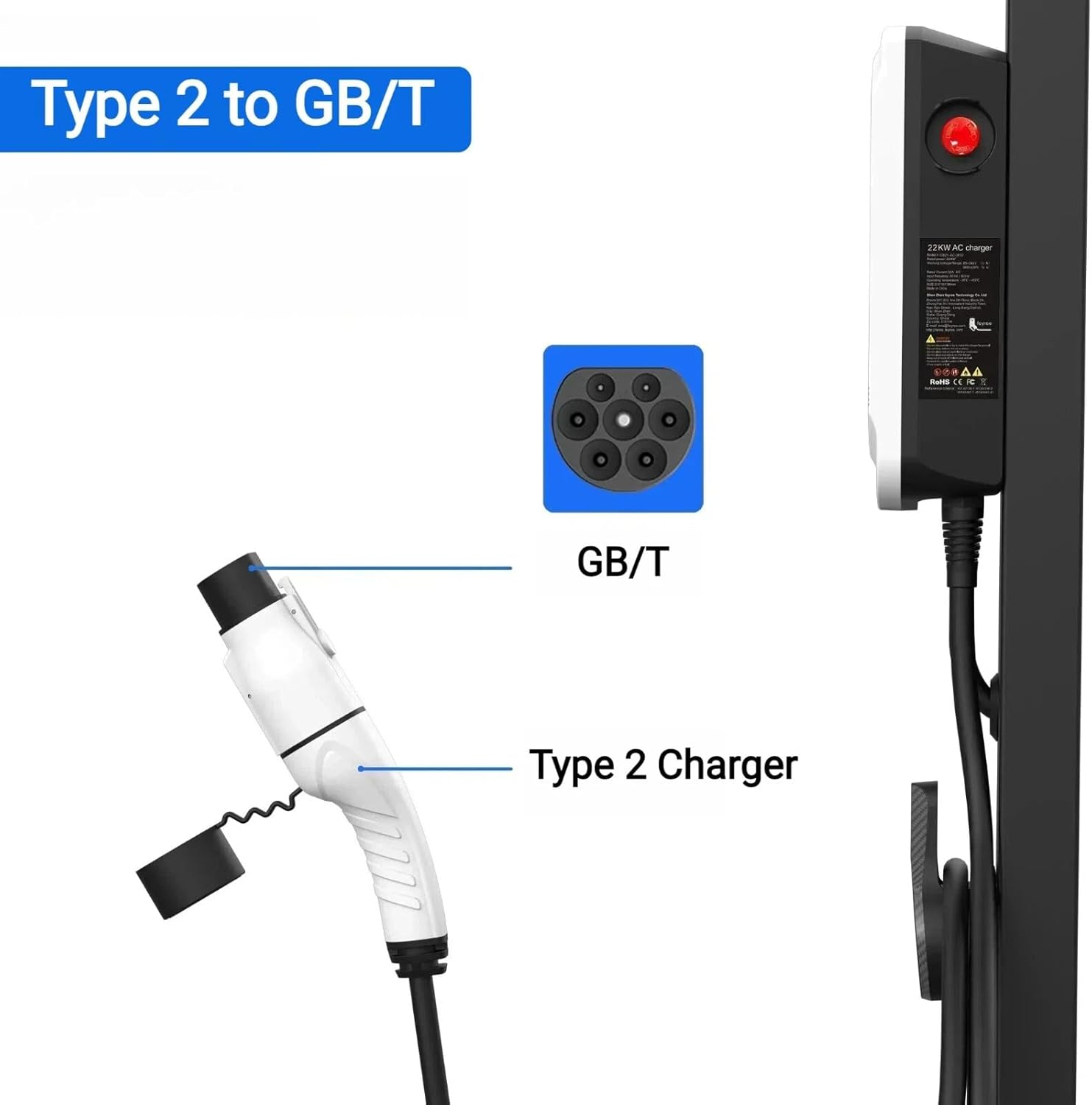 Type 2 to GB/T EV Charger Connector, Charging Adapter for Chinese Brand Vehicles BYD, 32A 250V Single Phase