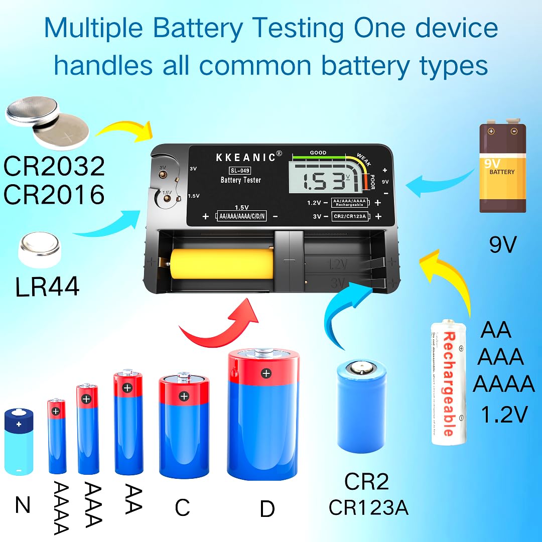 KKEANIC Battery Tester SL-049 - Professional Digital Battery Checker with LCD Display for Household AA, AAA, AAAA,C, D, 9V, Button Cells. Compact Design with Clear Power Level Indicator