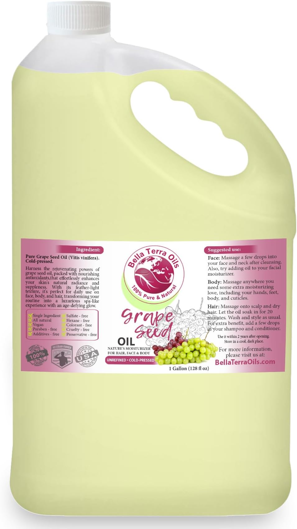 Bella Terra Oils Grape Seed Oil for Radiant Skin โ 1gallon, Rich in Antioxidants, Enhances Skin Elasticity, Feather-Light, Non-Greasy