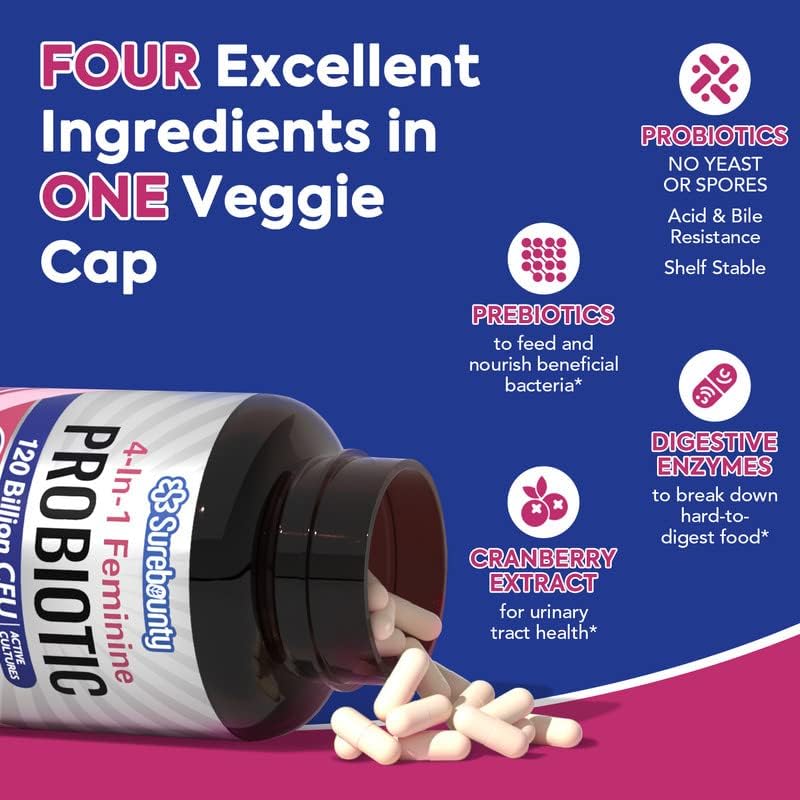 Surebounty Probiotics for Women, 120 Billion CFU, Prebiotics + Digestive Enzymes + Cranberry, Highest Potency, 4-in-1 Feminine Probiotic, Digestive, Vaginal, 30 Caps