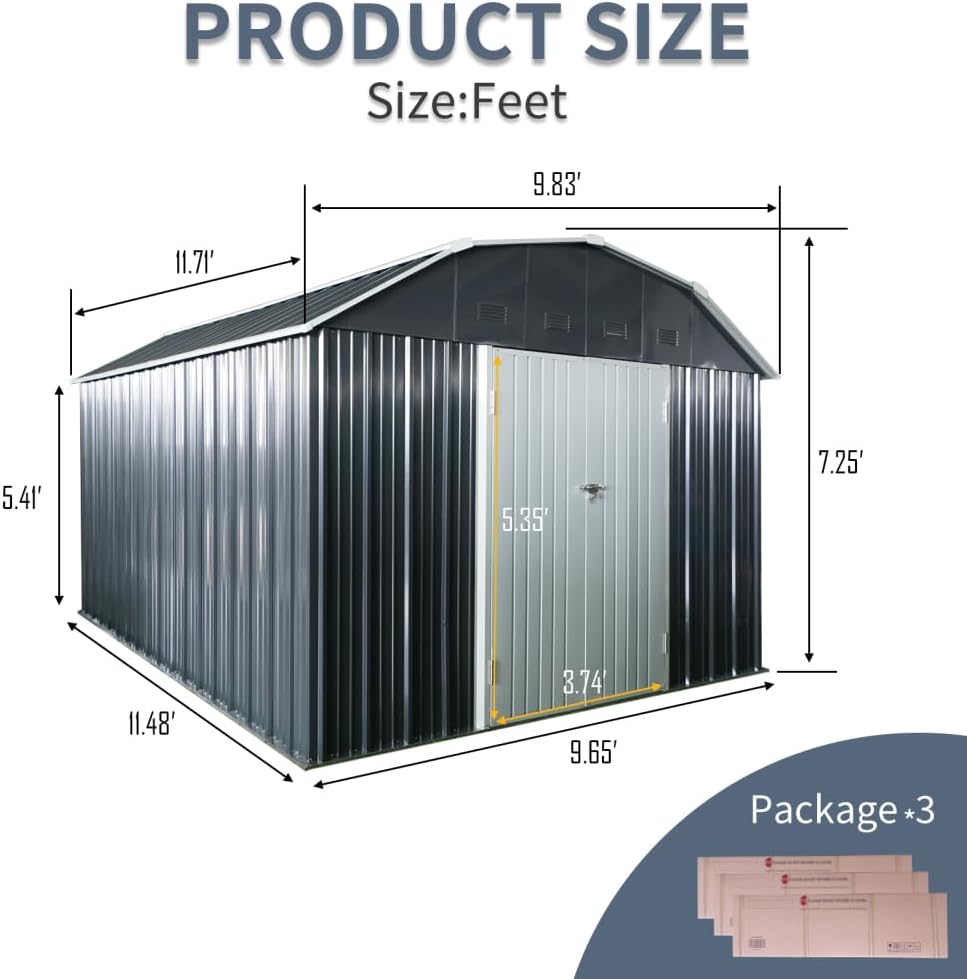 10x12 Black Outdoor Metal Storage Shed, Arch Roof with Lockable Double Doors for Backyard, Garden, Patio, and Lawn