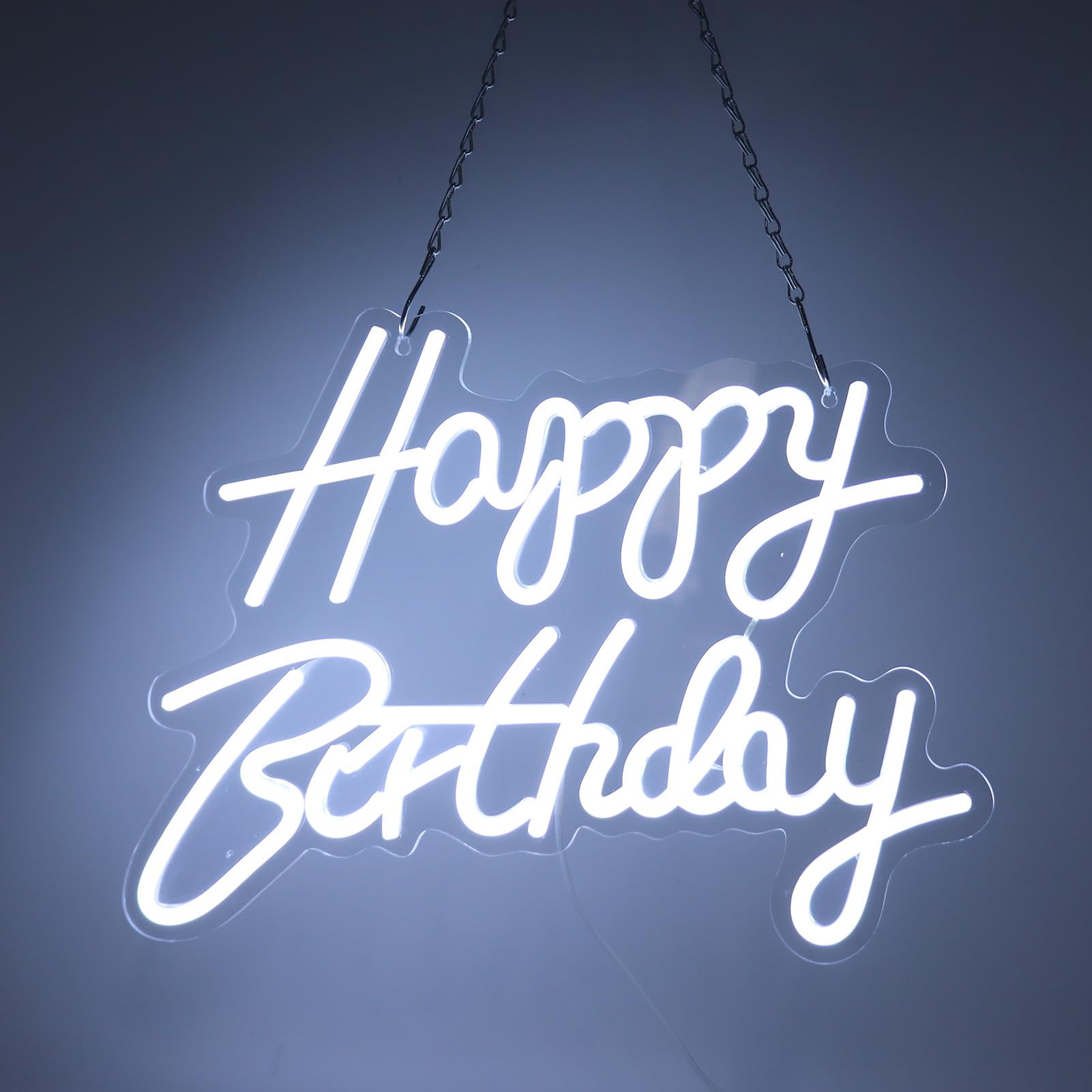Happy Birthday LED Sign | USB Operated Acrylic Neon Illumination for Wall | Party Decorations for Home/Bar/Restaurant | 40x31cm with Hanging Chain (Cool White)