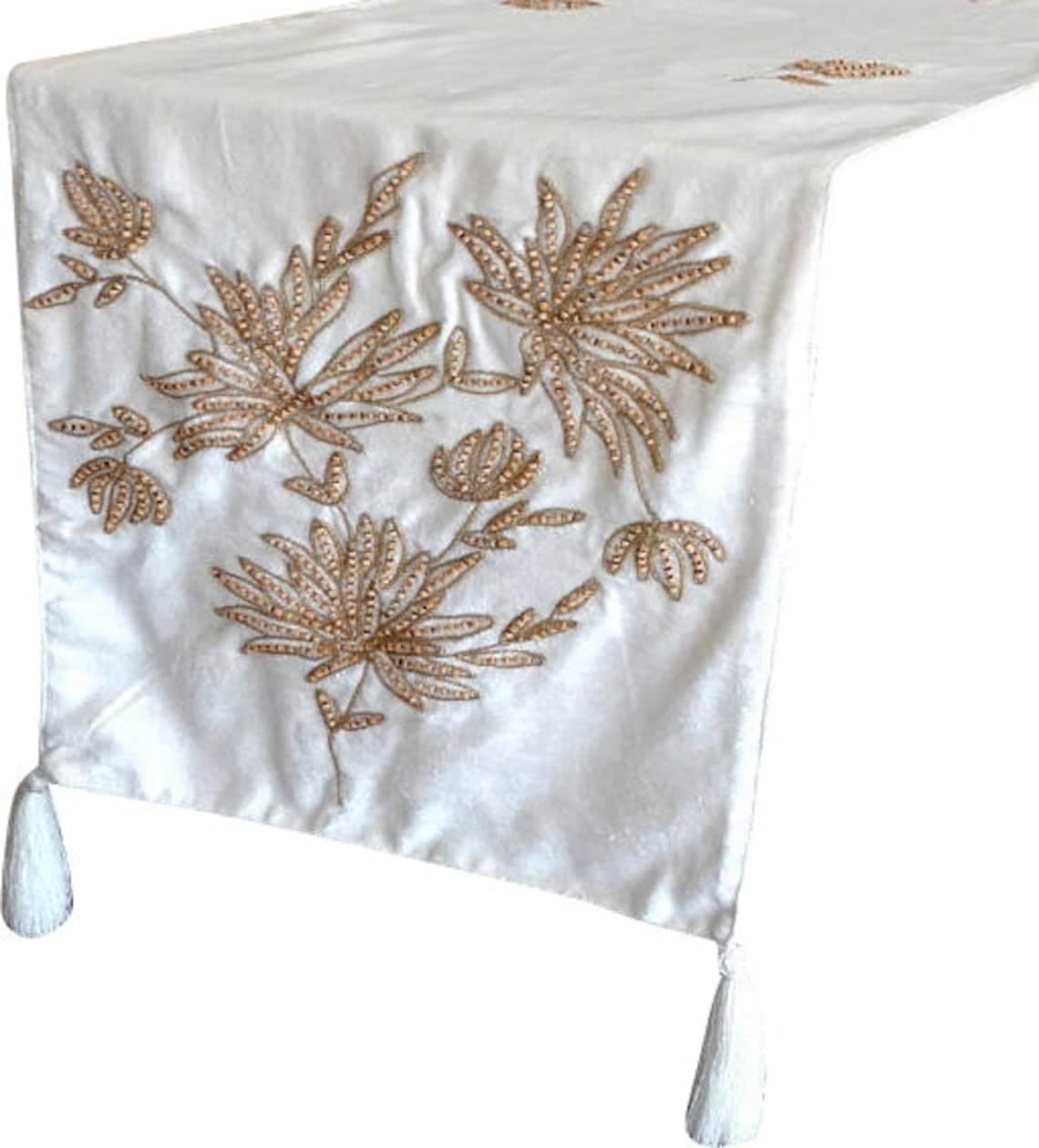 Ivory Table Runners 35 x 180 cm, Ivory White Velvet with Wooden Beads Hand Embroidery Table Runner, with Tassels Table Runner, — image 1