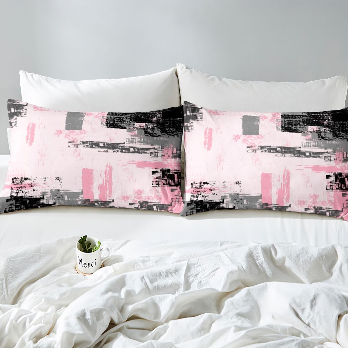 Feelyou Abstract Bedding Duvet Cover Set Kids Modern Abstract Art Bedding Set Pink Black Comforter Cover Set for Boys Room Decor Lightweight Retro Bedspread Cover Twin Size with 1 Pillow Case