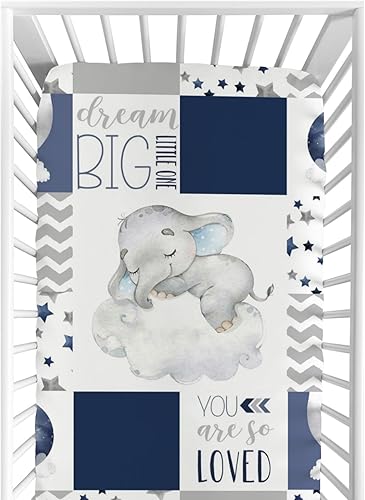 HawSkgFub Sábana bajera ajustable de elefante dormido azul marino para cuna para bebé, niño, Dream Big Little One You are So Loved de retazos para