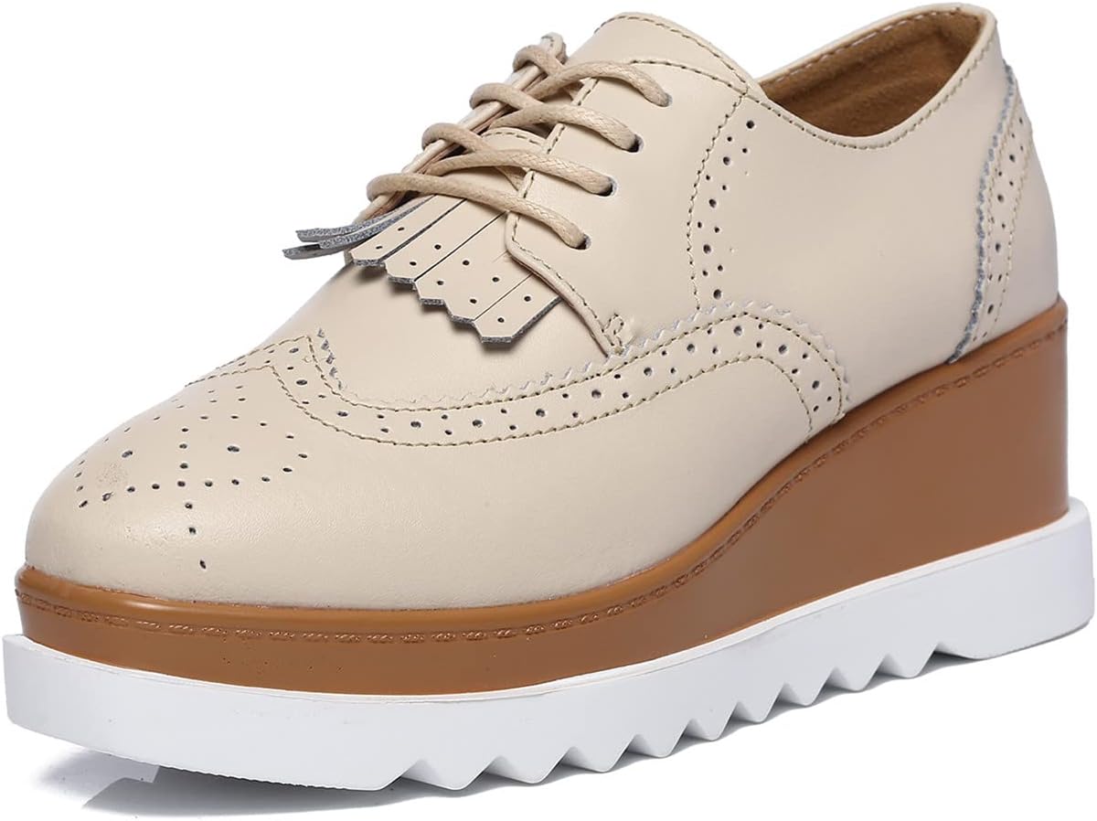 DADAWEN Women's Fashion Tassels Square-Toe Lace-up Platform Wedge Oxford Shoes - Image 4