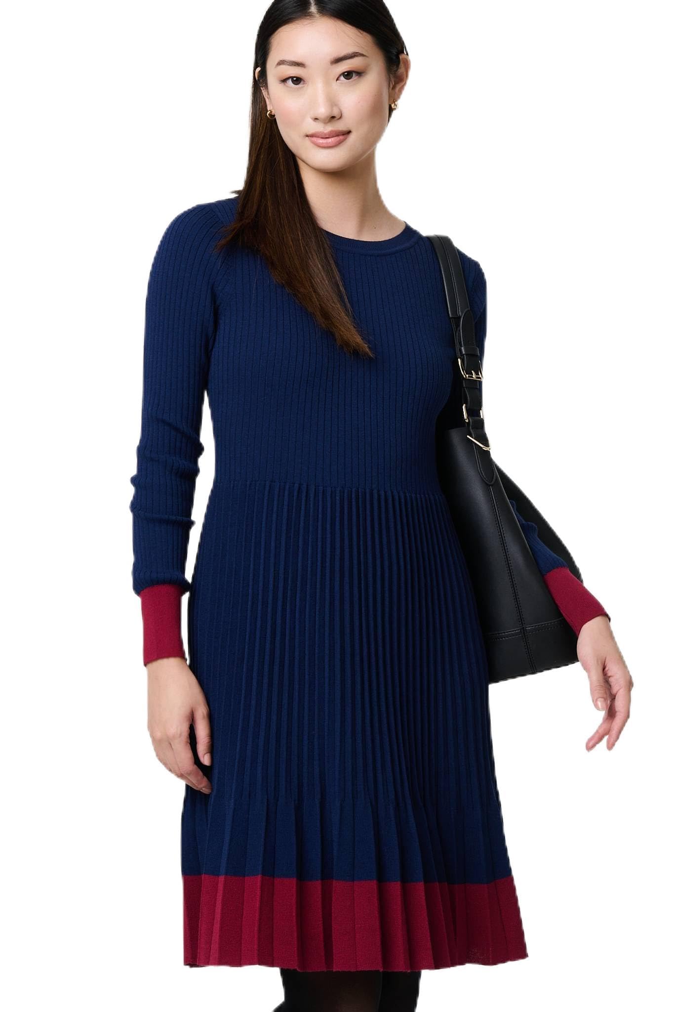 Izabel London Women's Navy Colour Block Tie Neck Short Jumper Dress For Uk With Long Sleeves And A Short Length Hem.