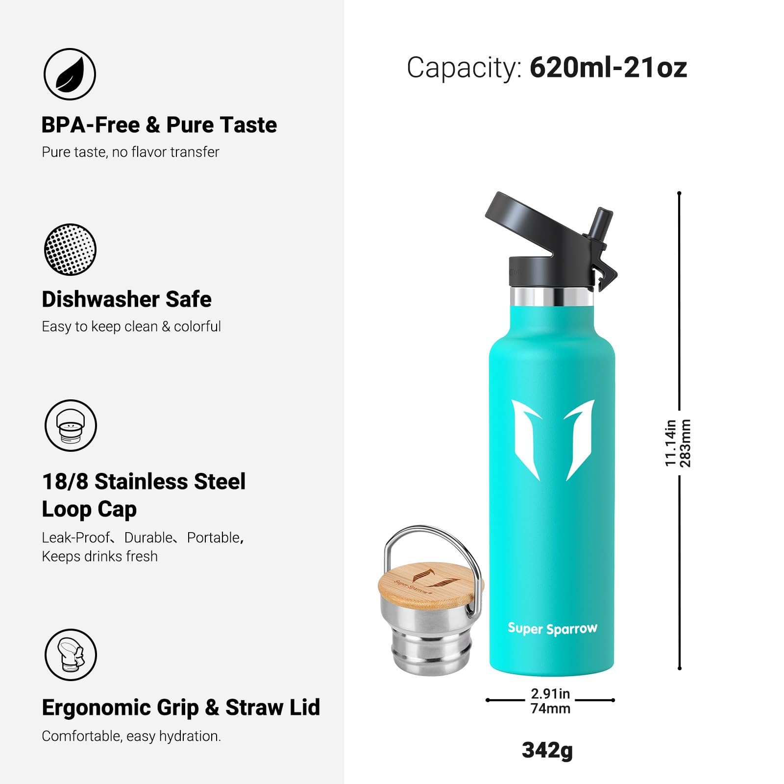 Super Sparrow Borraccia Termica - Bottiglia Termica Senza Perdite - 350ml/500ml/620ml/750ml/1L - Senza BPA Borracce Bambini - Per Scuola, Sport, Campeggio, Palestra, Ciclismo - Con 2 Tappi