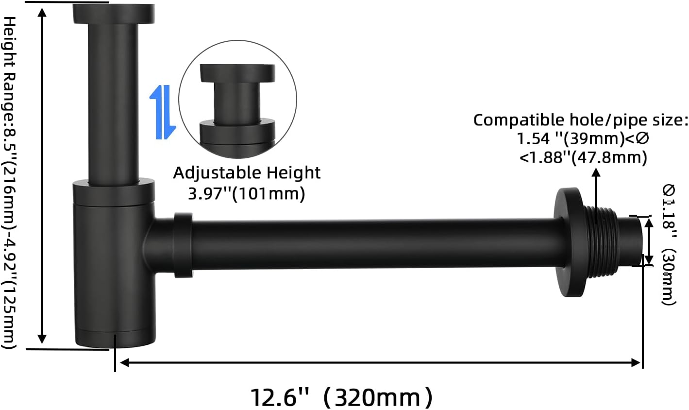 Bathroom Brass Contemporary Round Bottle P Trap 1-1/4, Lavatory Adjustable Basin Sink Waste Drain P-Trap Kit, General US Standard, Matte Black