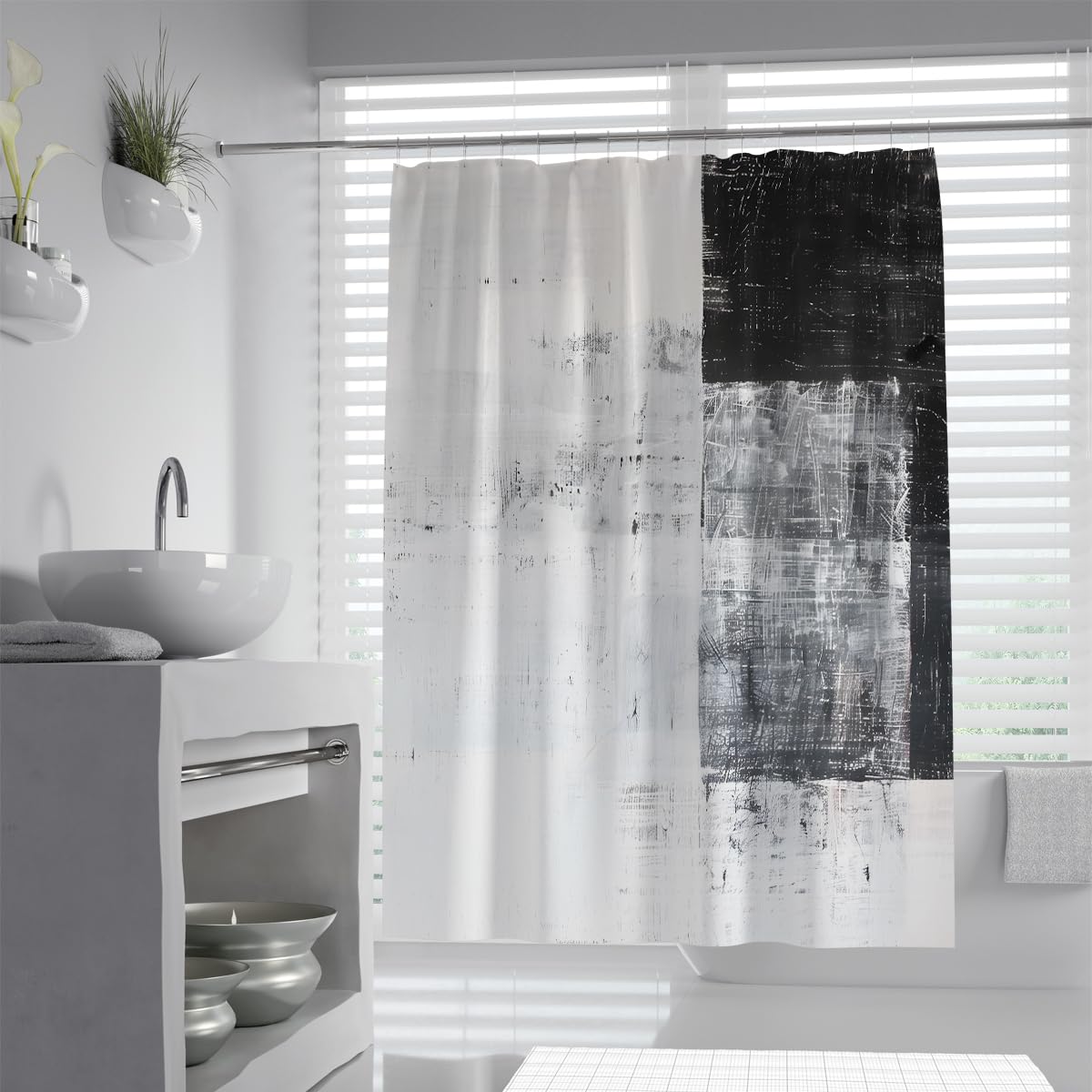 UIRINGART Minimalist Bathroom Wet Room Tub W180xL220cm Industrial Black White Abstract Grunge Grid Pattern Mildew Mould Resistant Polyester Fabric Shower Curtain With Hooks