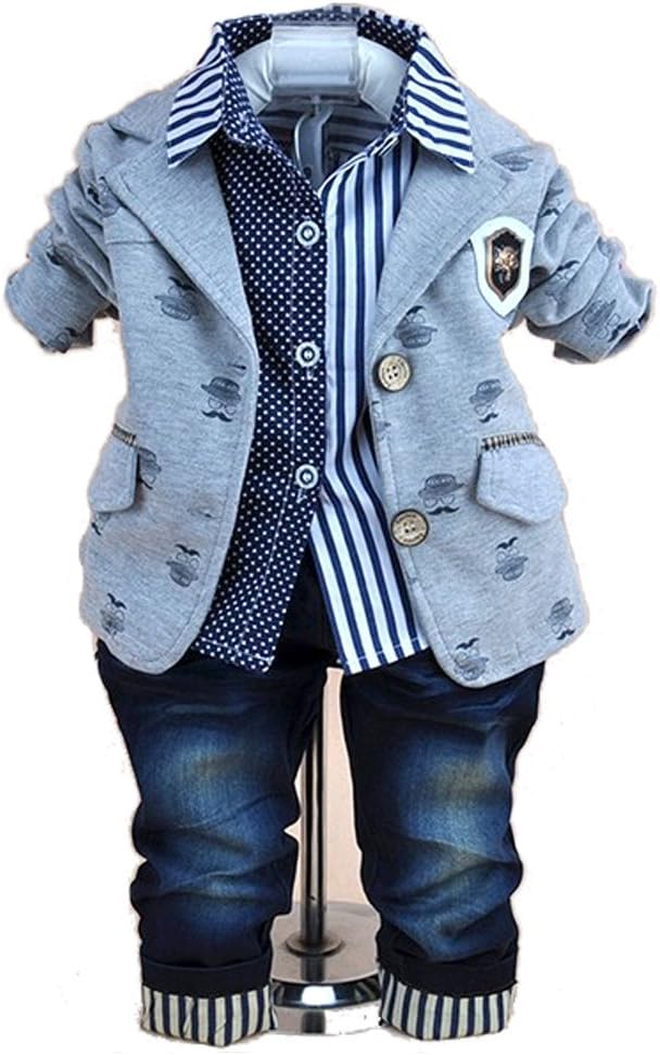 SOPO Baby Boy Gentleman Patchwork Outfits (Jacket, Strip Shirt, Jeans)Grey 2t - 4t