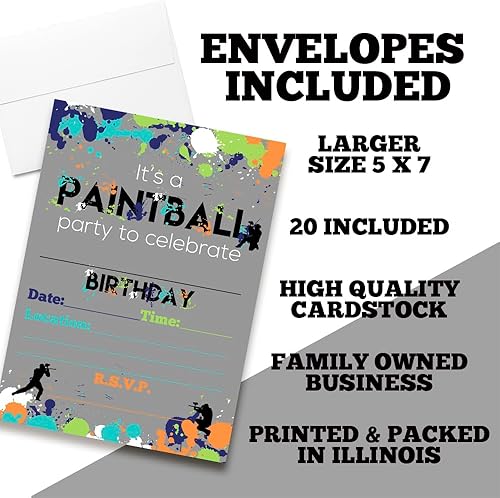 Miniatura 2 de Invitaciones para fiestas de cumpleaños con temática de paintball, 20 tarjetas de relleno de 5 x 7 pulgadas con veinte sobres blancos por