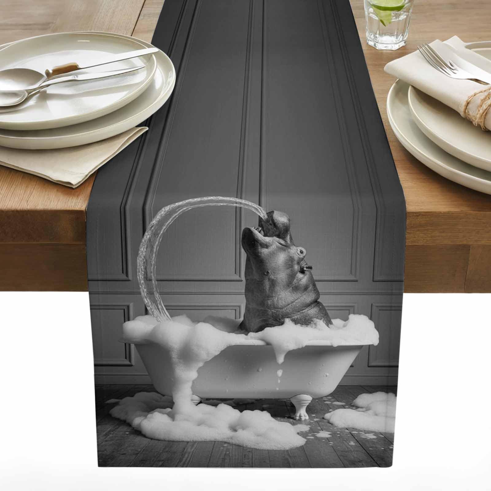 Hippo Cotton Linen Table Runner for Dining Kitchen, Funny Animal Bathtub Abstract Art Grey Wedding Outdoor Party Tablerunners Decoration, Dresser Scarf Coffee Tablecloth Runners 13x36 Inches
