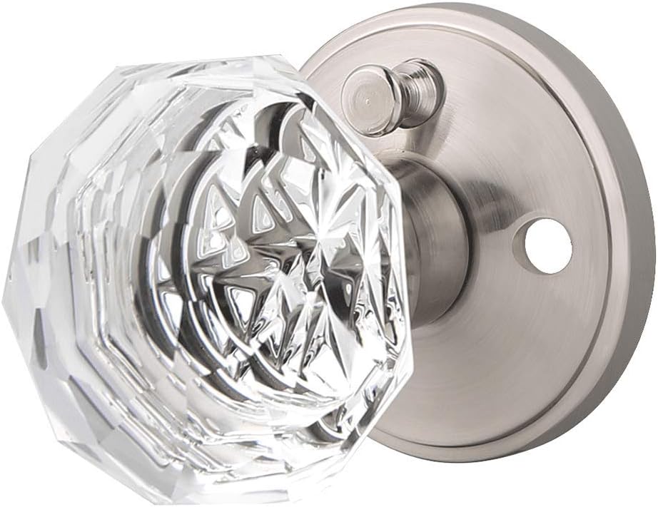 GoldentimehardwareKeyless Privacy Door Knob Interior,Satin Nickel,Glass Door Handles for Bedroom and Bathroom,Privacy Function,Snowflake Crystal Doorknob with Lock,1 Pack