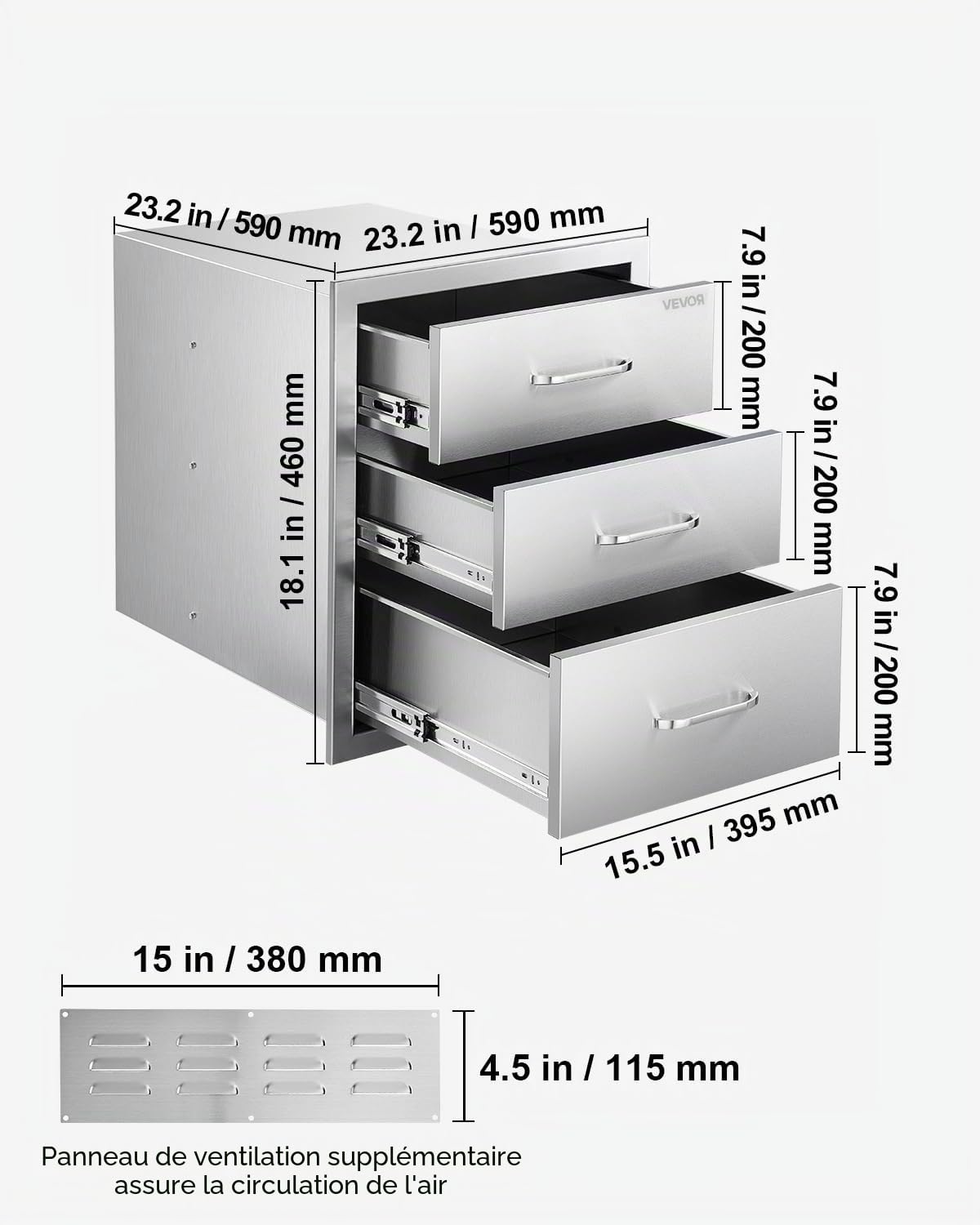 VEVOR Meuble Tiroir de Cuisine Extérieur LxPxH 46x59x59 cm, Module de Cuisine Extérieur avec 3 Tiroirs et Poignées, en Inox, Mobilier de Rangement pour Îlot de Barbecue en Plein Air, Terrasse