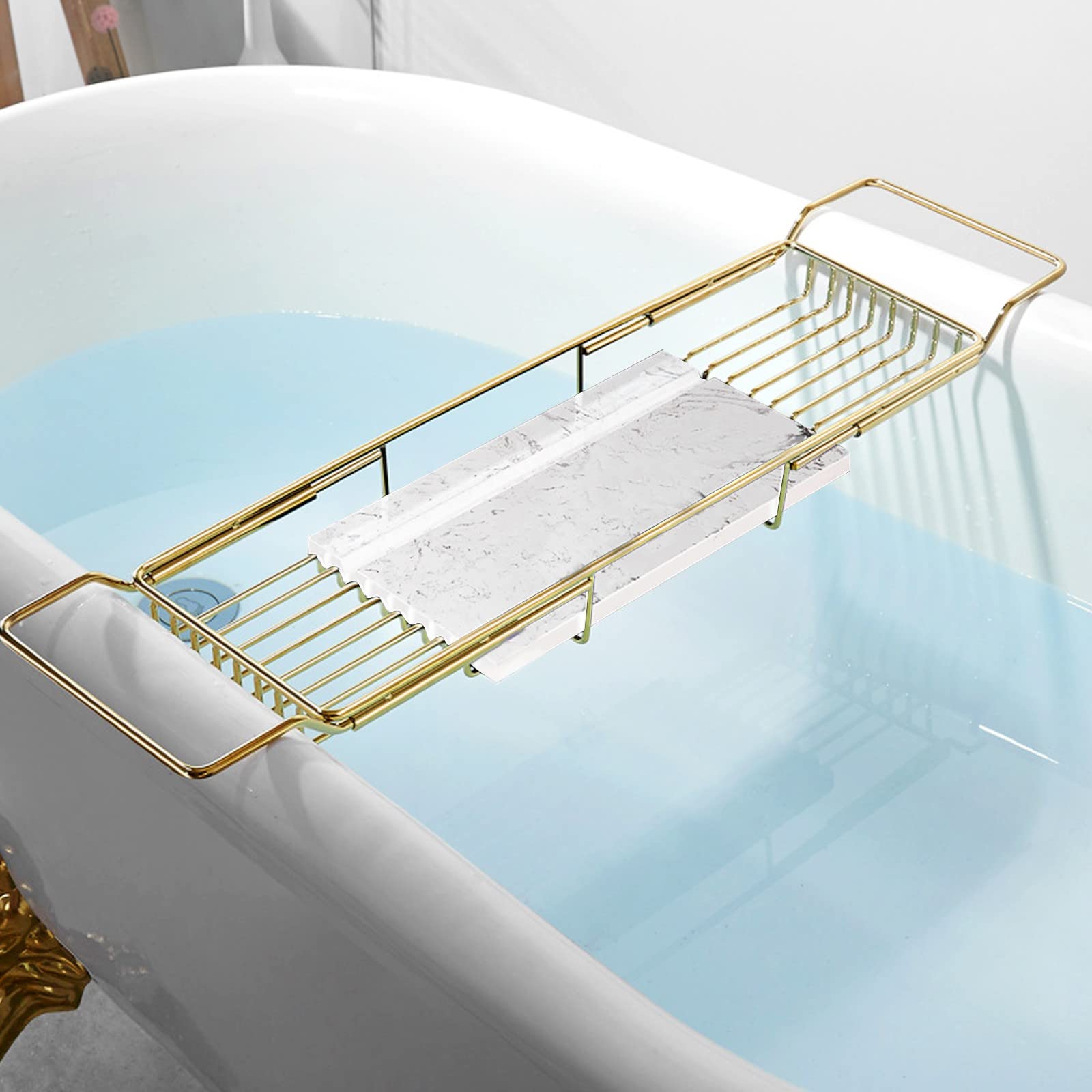 JKJZSALJ Bath Traybathtub Caddy Tray For Luxury Bath, Expandable Polished Stainless Steel Brackets, Marble Tray For Bathroom, Laptop Reading And Organizer Bathtub Table Ideal For