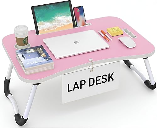 Escritorio plegable para cama y sofá, escritorio portátil de superficie ancha con portavasos integrado y ranura para tableta o teléfono para