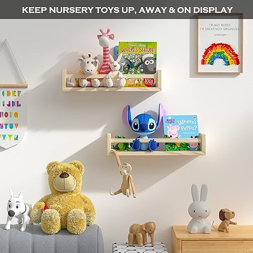 Miniatura 3 de Estantes clásicos para guardería, juego de 2 estantes flotantes de madera natural para habitación de los niños, estantes de pared para decoración de