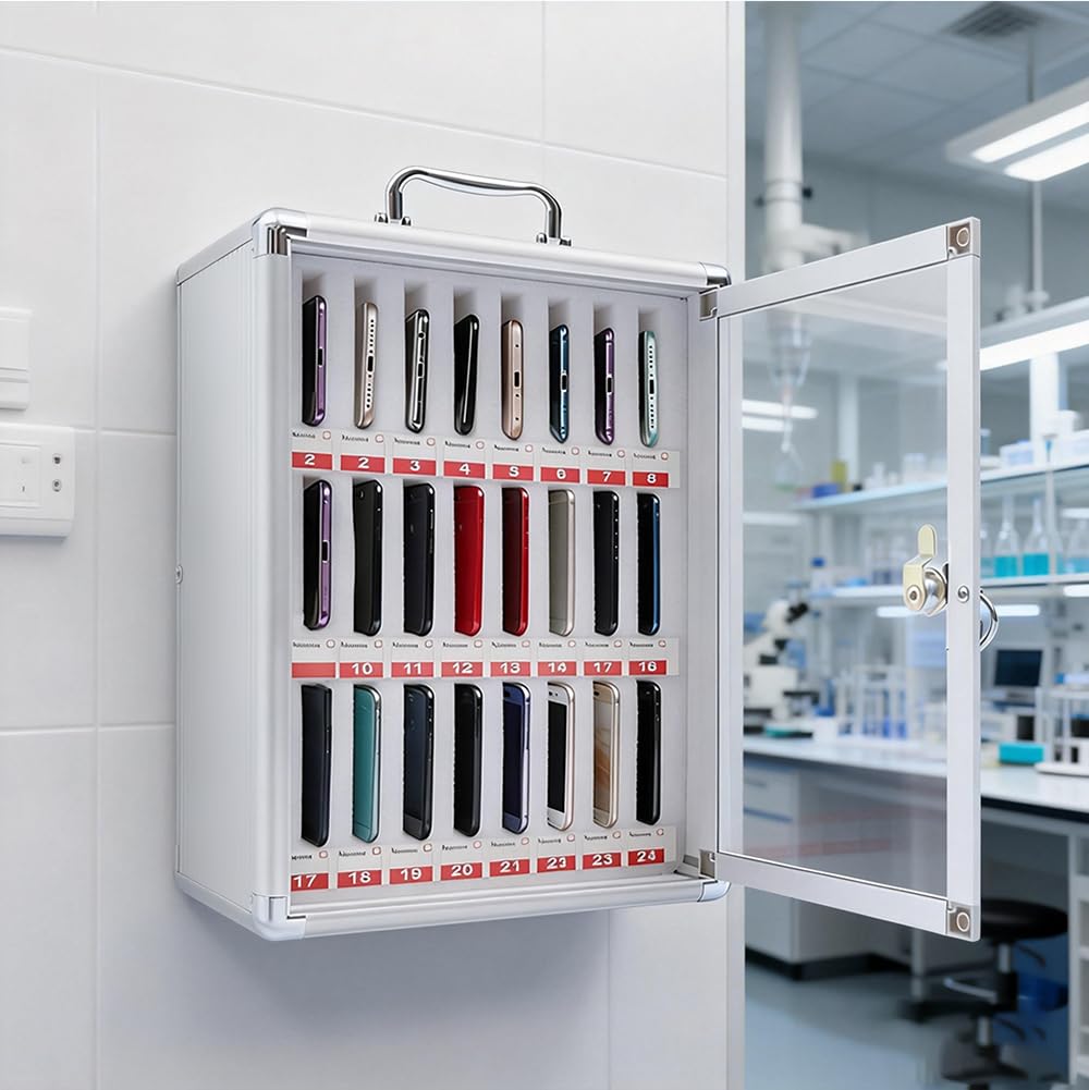 Armario de almacenamiento para teléfono móvil, 24 ranuras, caja de almacenamiento portátil, caja de teléfono móvil escolar con cerradura, aluminio para montaje en pared o escritorio, para aula