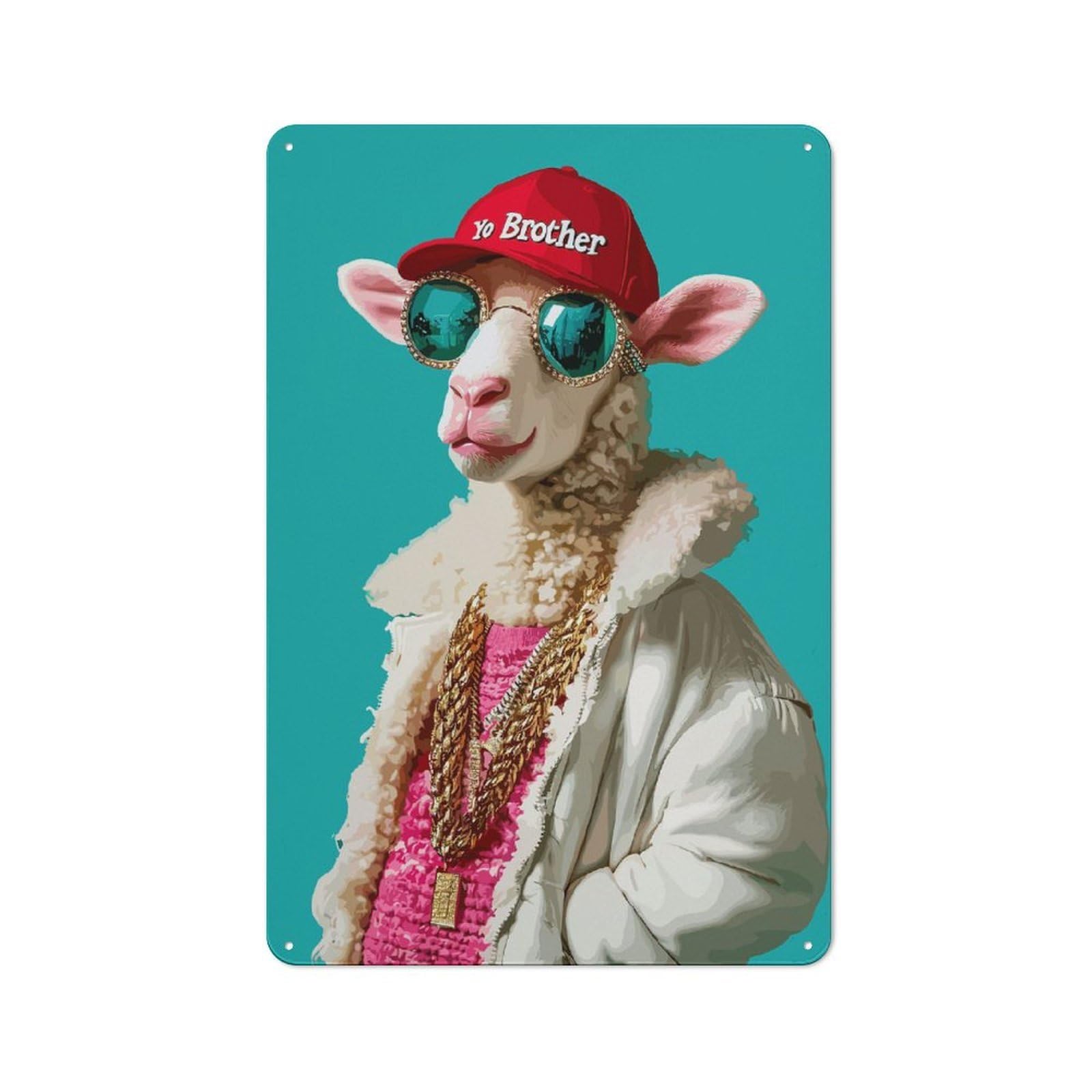 Hipster Sheep Decorative Tin Sign 30x20cm, Distressed Look Vintage Wall Decor for Lounge, Study, Pub Or Wall Gallery