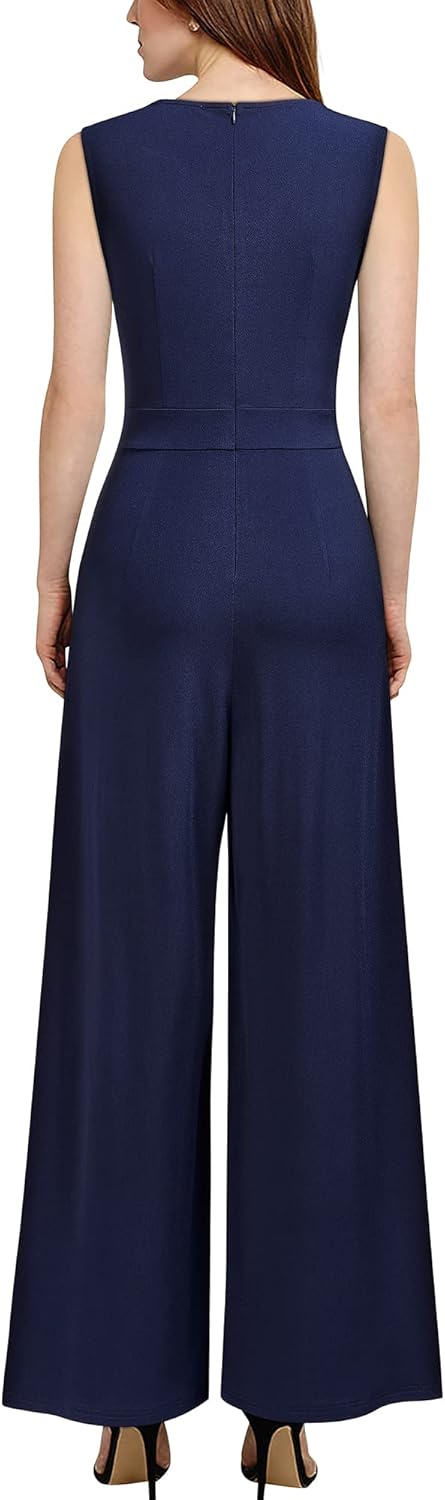 Knitee Women's Sleeveless Deep V Neck Ruched Wide Leg Jumpsuit Long Romper Belt with Pockets - Image 2