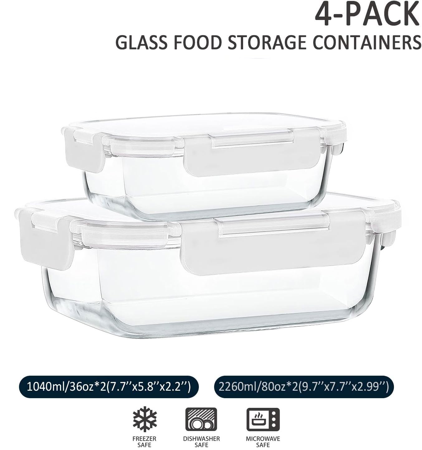 Extra großes Glas-Frischhaltedosen-Set mit Deckel, 2,3 l und 1020 ml, 2 x 10 Tassen, luftdichter Glasbehälter, Mikrowelle, Ofen, Gefrierschrank und Spülmaschine, Weiß