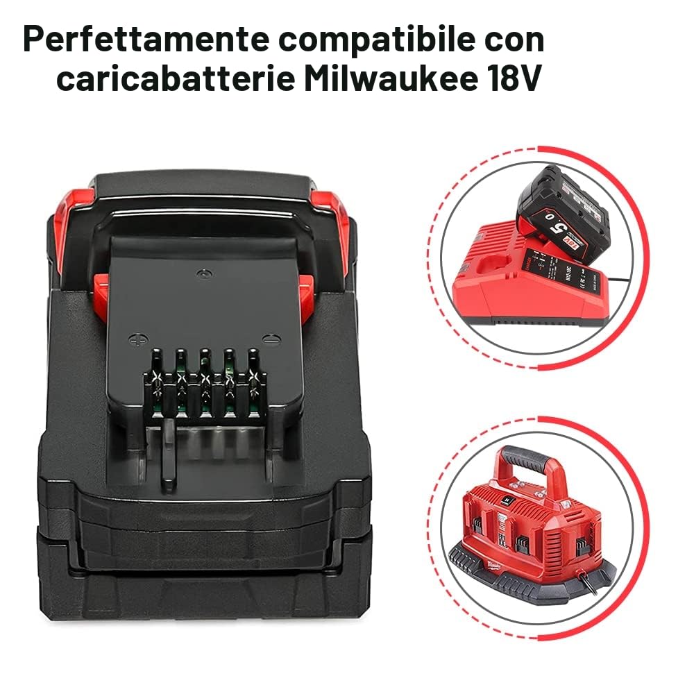 Powarobor M18B5 18V 5.0Ah Batteria di ricambio agli ioni di litio Compatibile con Milwaukee M18 18Volt Batteria 48-11-1860 pack of 2
