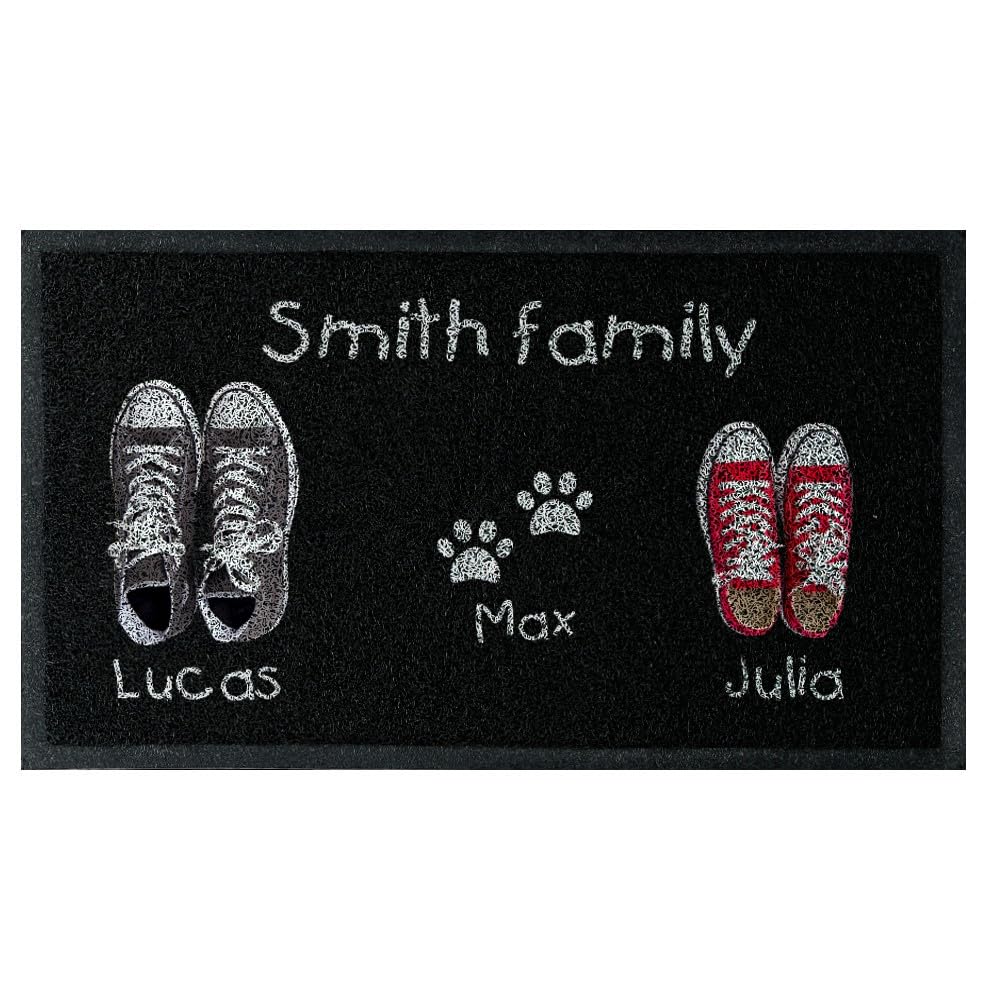 Wanapix | Fußmatte Familie personalisiert mit Namen | Fussmatten Haustür | rutschfeste Unterseite | Fussmatte innen lustig | Frottee - 75 x 43 cm | Schuhe und Haustiere (3)