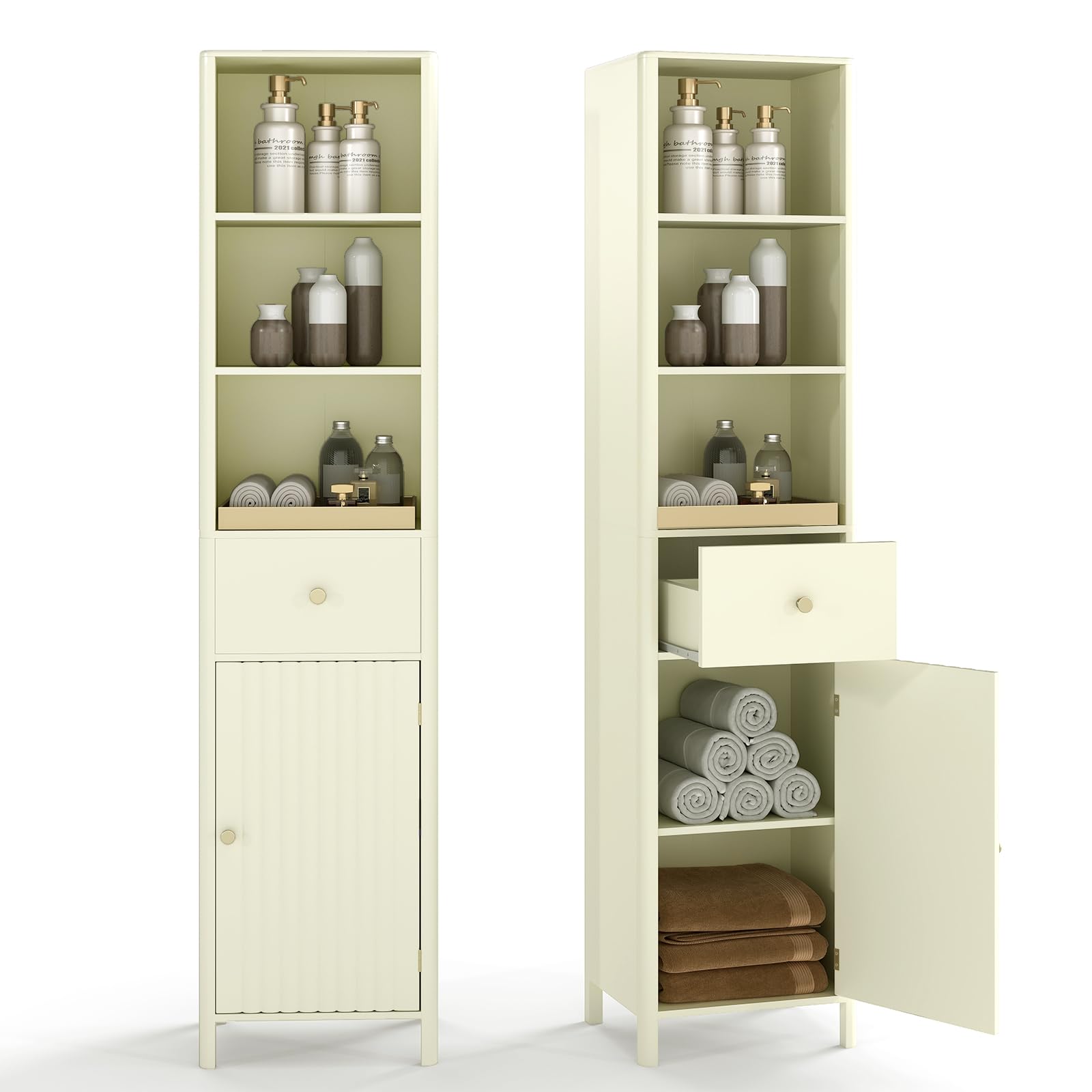 COSTWAY Bathroom Tall Cabinet, Freestanding Slim Bathroom Storage Unit with Drawer, Fluted Door and Open/Adjustable Shelves, 170cm High Wooden Narrow Floor Cupboard for Living Room Kitchen (Beige)