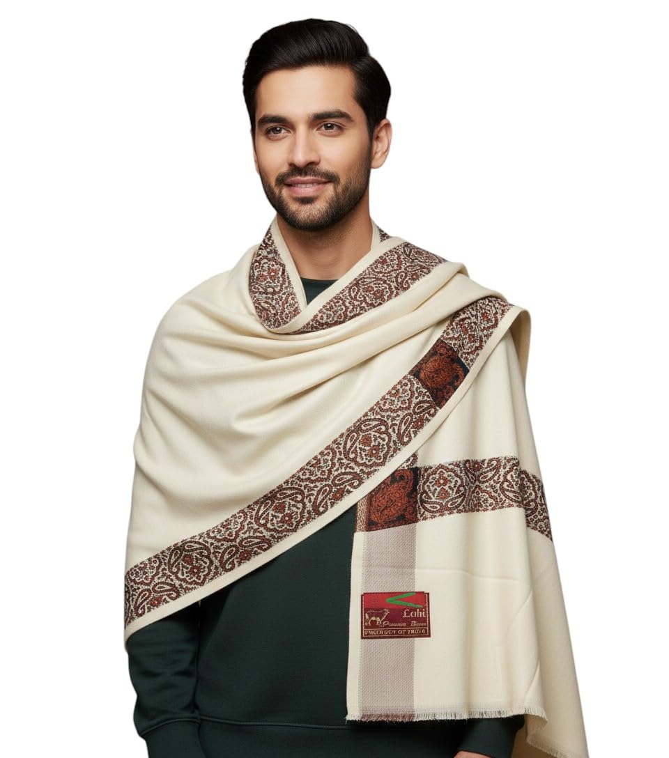 v vrinde Vrinde Dark Cream Wool Self Design Men's Shawl KA-SWL-34-picture-40