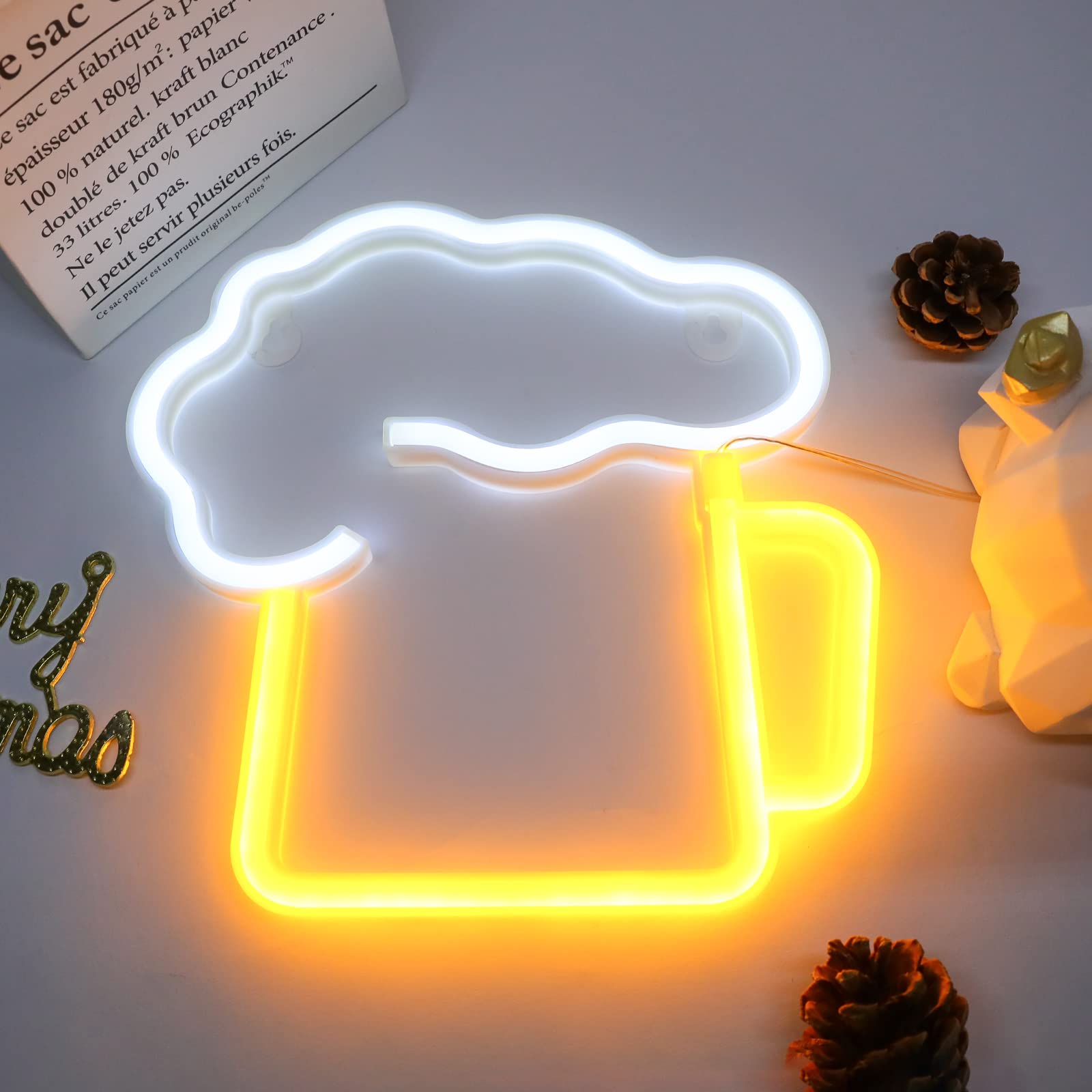 ENUOLI Neon Beer Lights,Battery/USB Operated Night Lights,Yellow White Neon Signs for Wall Decor,LED Beer Signs for Man Cave,Bedroom,Bar,Nightclub,Holiday Celebration Party Decor(8.6''x8.6'')