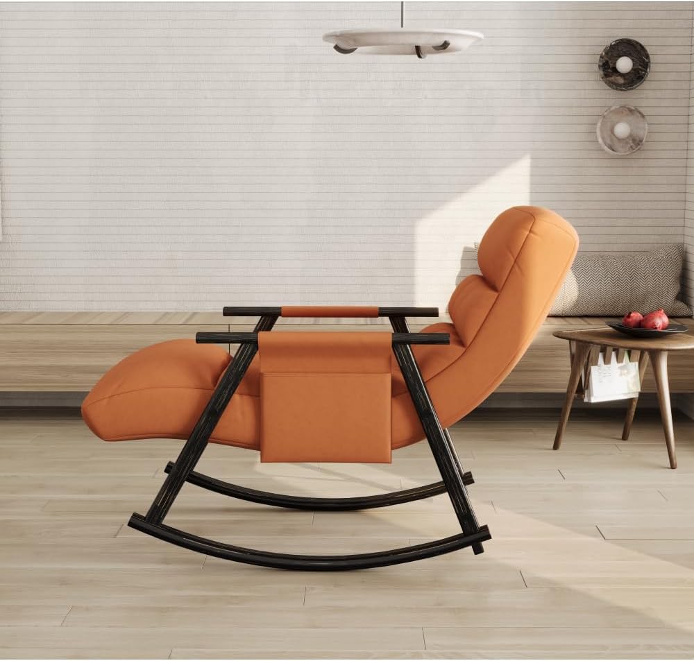 Rocking Recliner Chair, Adjustable Indoor Rocker Recliner with High Back and Footrest, Foldable Lounge Chair with Side Pockets, Soft Padded Seat, Stable Iron Frame (Orange + Velvet)