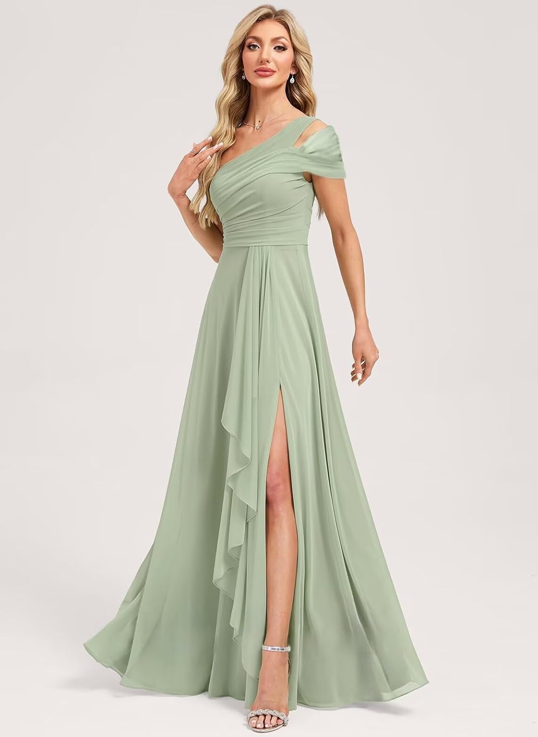 One Shoulder Pleated Bridesmaid Dresses for Women Long with Ruffle Slit Sleeveless Chiffon Formal Dress with Pockets - Image 2
