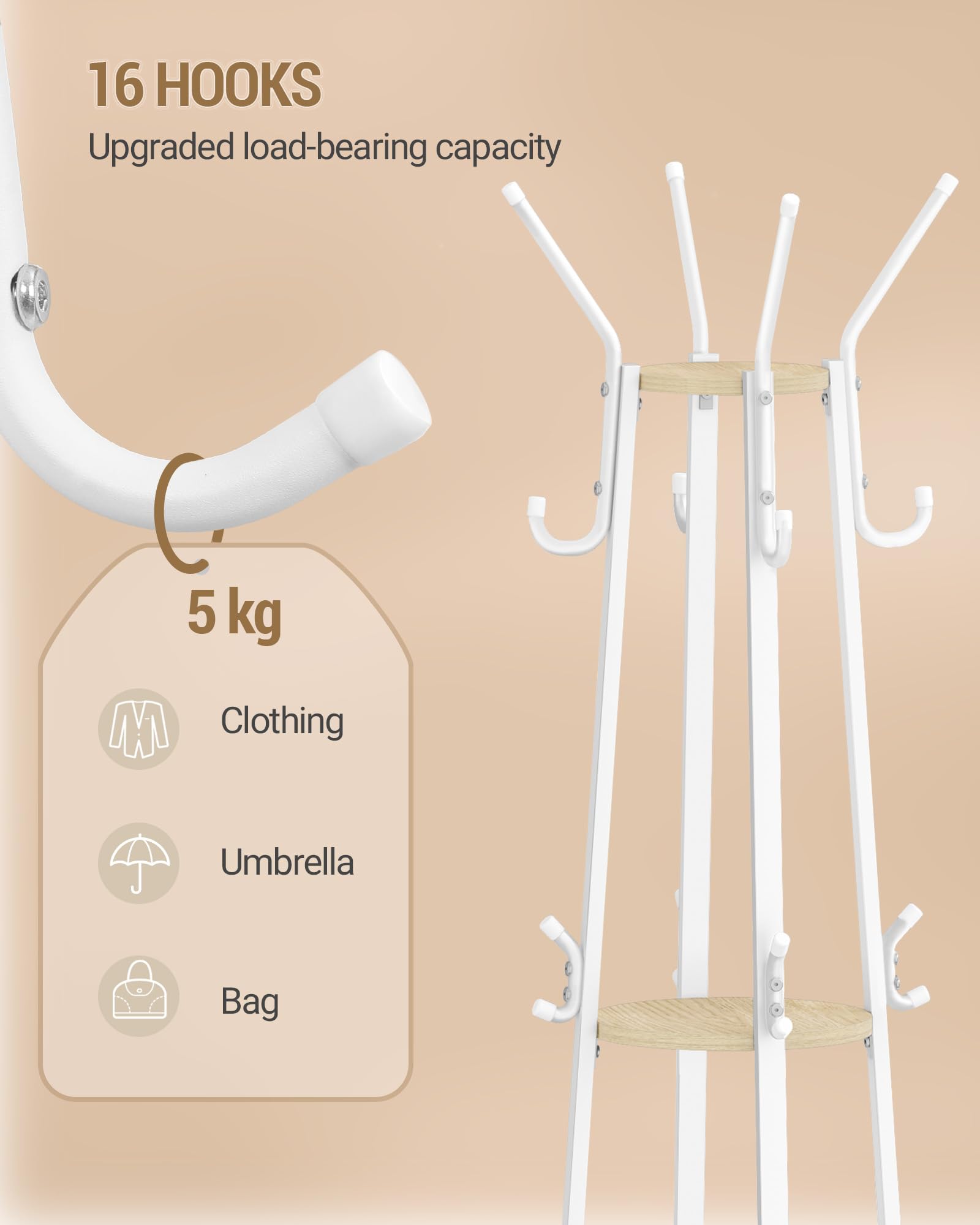 Hzuaneri Garderobenständer, Kleiderständer mit Großer Aufbewahrungskorb, Garderobe mit 3 Ablagen, 16 Haken, für Eingangsbereich, Schlafzimmer, 182,5 cm Hoch, Goldeichenfarben und Weiß CR27316W