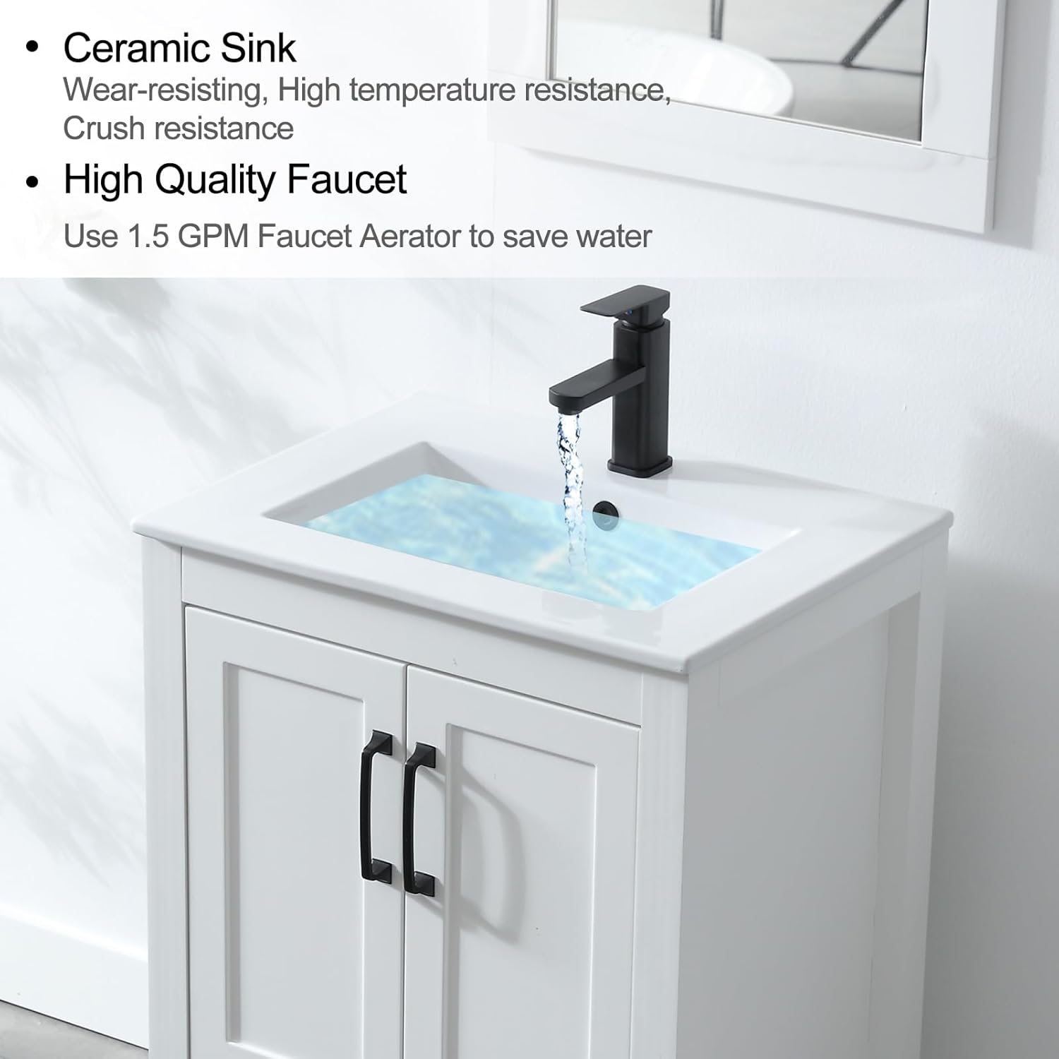 LUCKWIND 24” Bathroom Vanity with Sink, Modern Painted Bathroom Storage Cabinet with Ceramic Basin Sink Top and Faucet, Without Mirror, White